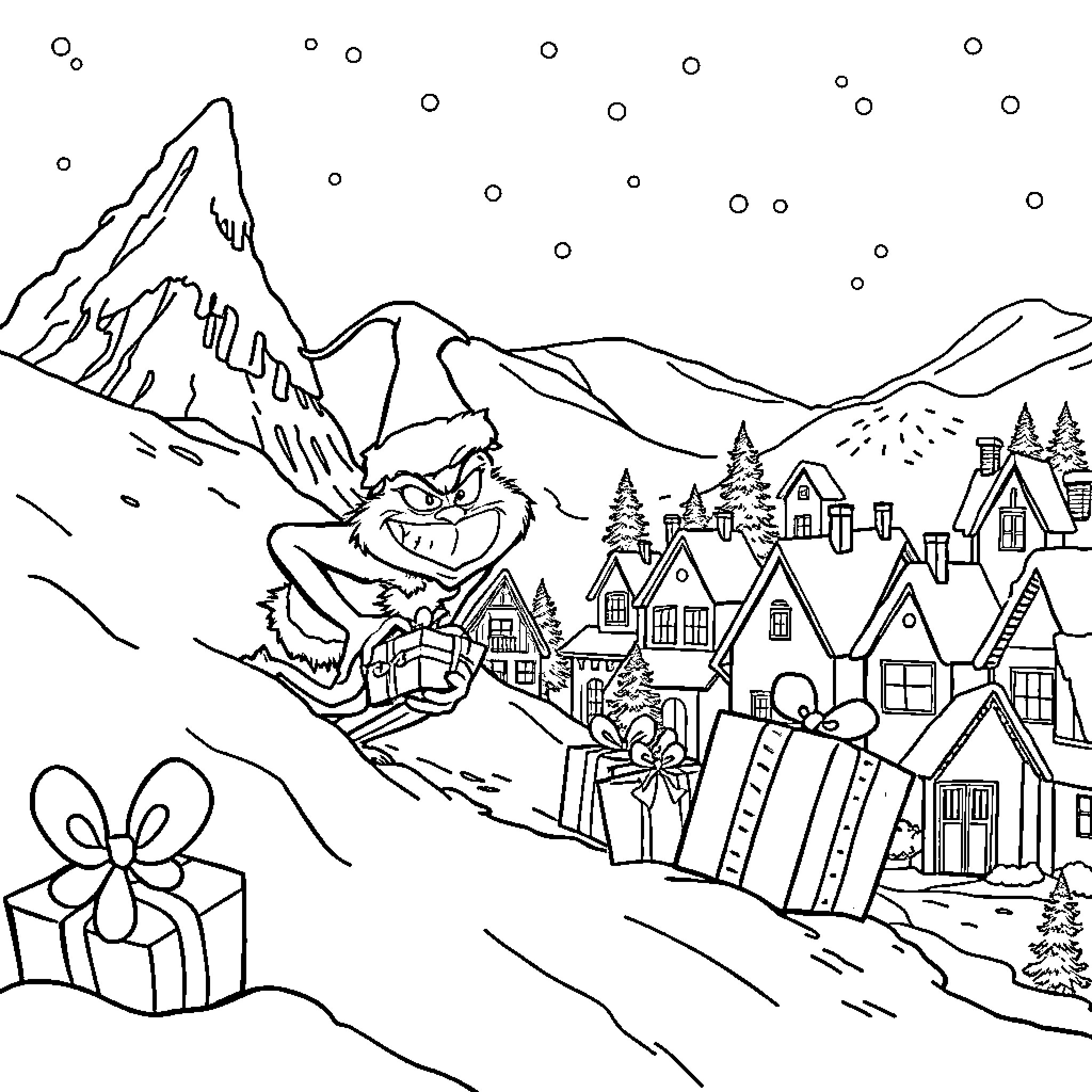 Grinch Stealing Presents in Snowy Mountain Village Coloring Page (free black-and-white line drawing printable PDF for all, from beginners to advanced learners, including children, teens, adults, and seniors)