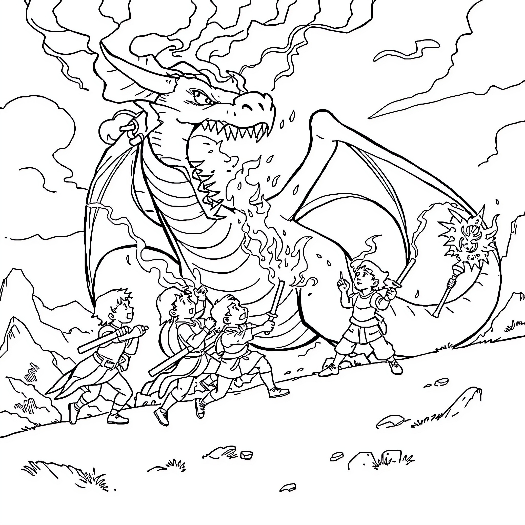 Kids battle a fierce dragon in the wild Coloring Page (free black-and-white line drawing printable PDF for all, from beginners to advanced learners, including children, teens, adults, and seniors)