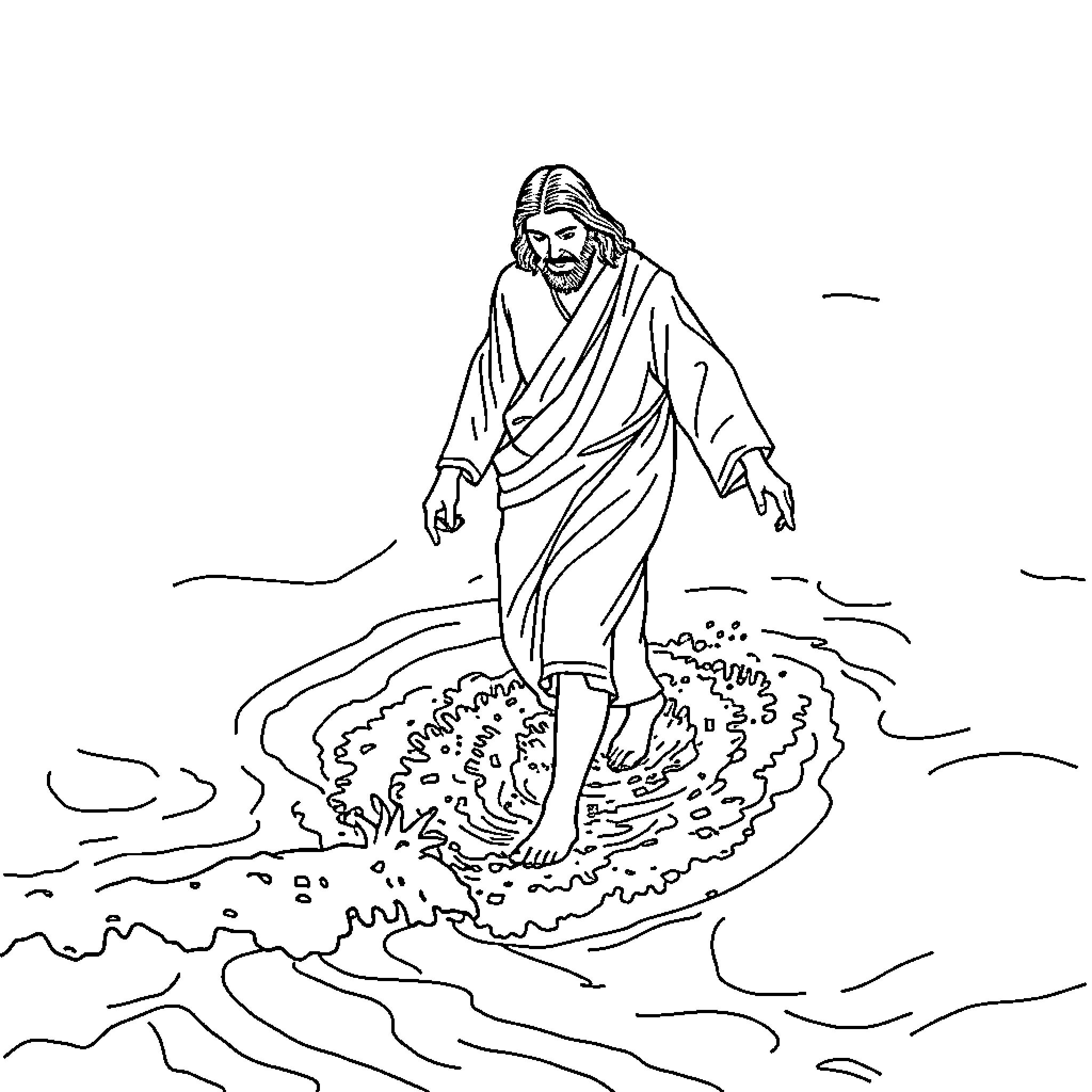 Jesus walking on water with purpose Coloring Page (free black-and-white line drawing printable PDF for all, from beginners to advanced learners, including children, teens, adults, and seniors)