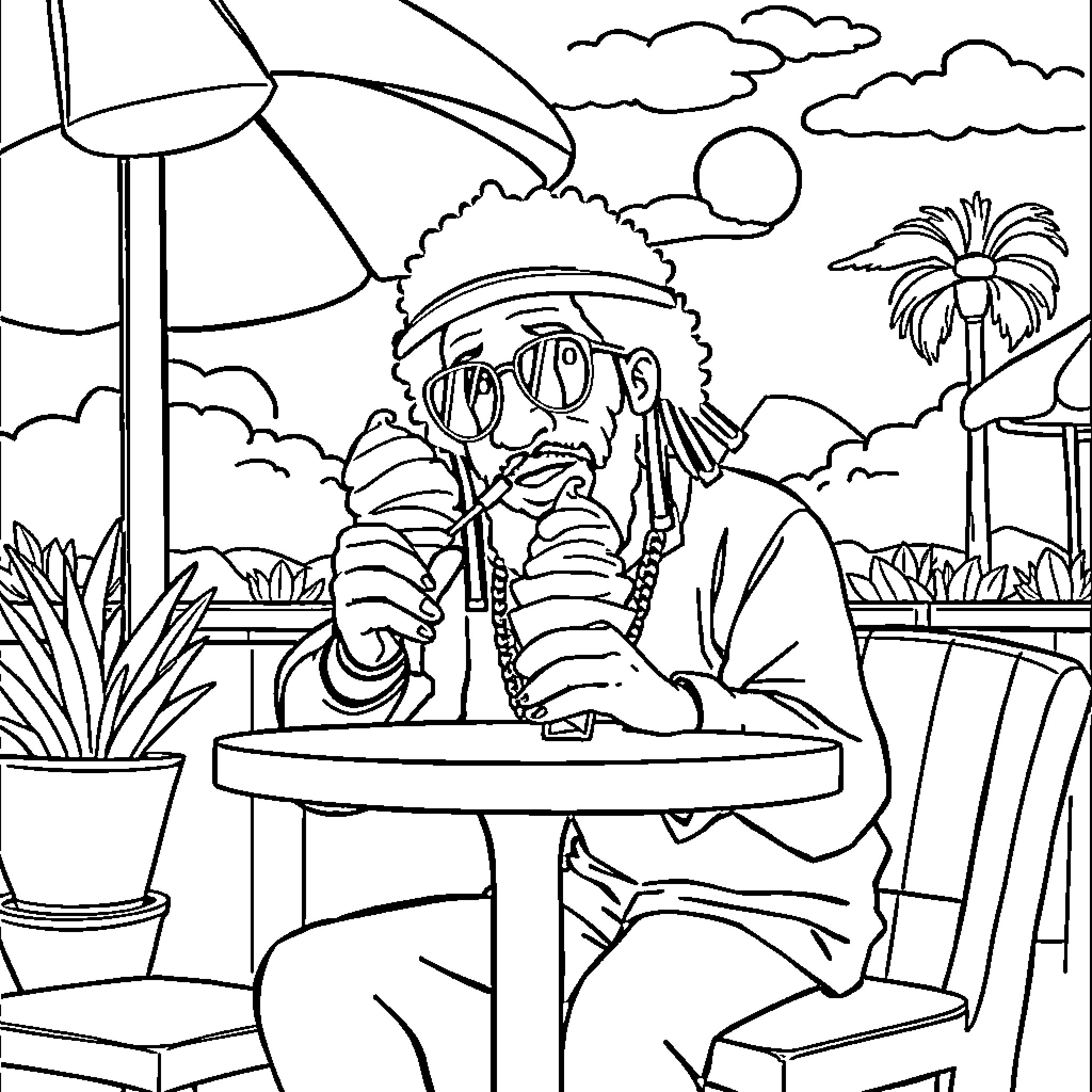 Mac Dre enjoying a relaxing outdoor cafe scene Coloring Page (free black-and-white line drawing printable PDF for all, from beginners to advanced learners, including children, teens, adults, and seniors)