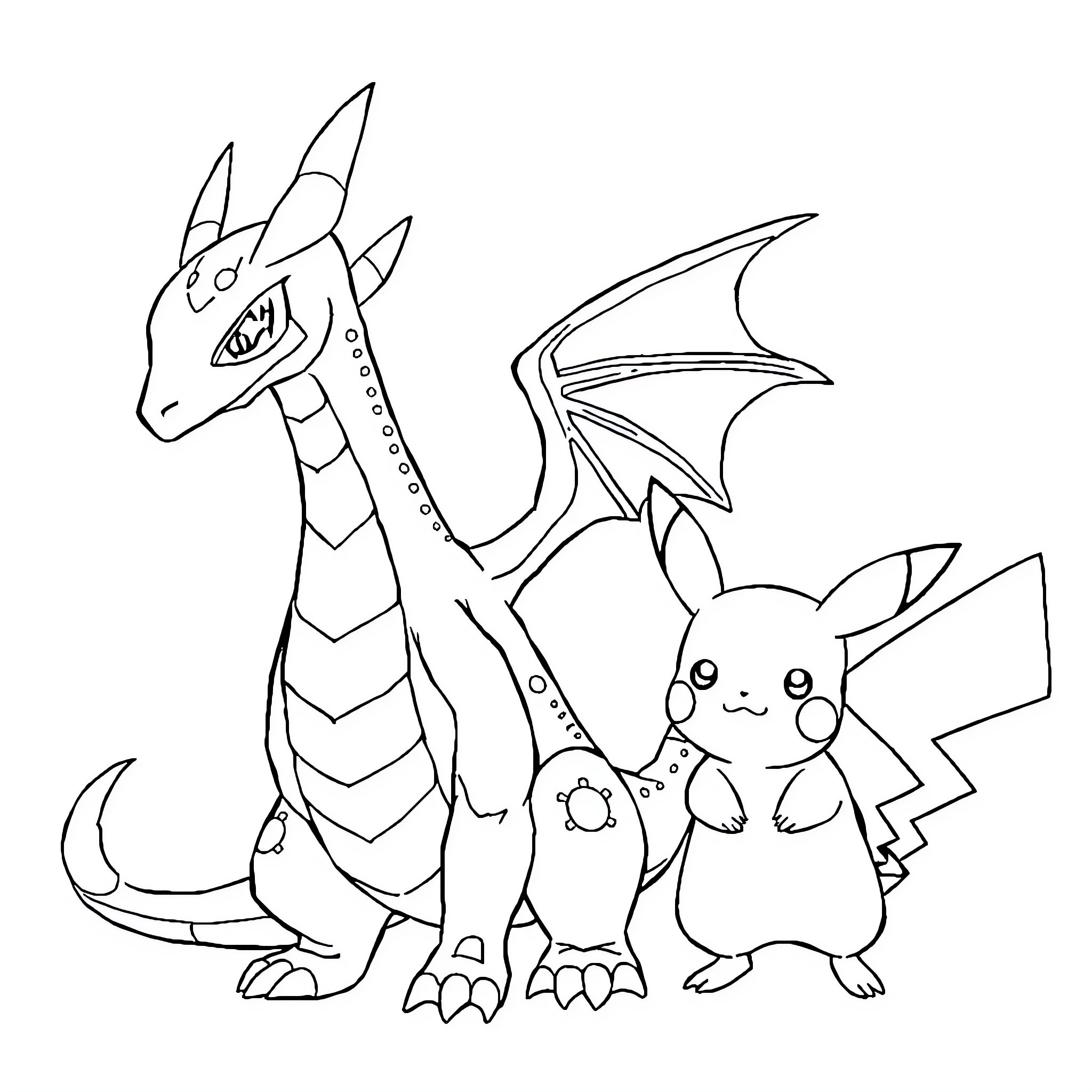 Krokmou and Pikachu in a playful pose Coloring Page (free black-and-white line drawing printable PDF for all, from beginners to advanced learners, including children, teens, adults, and seniors)