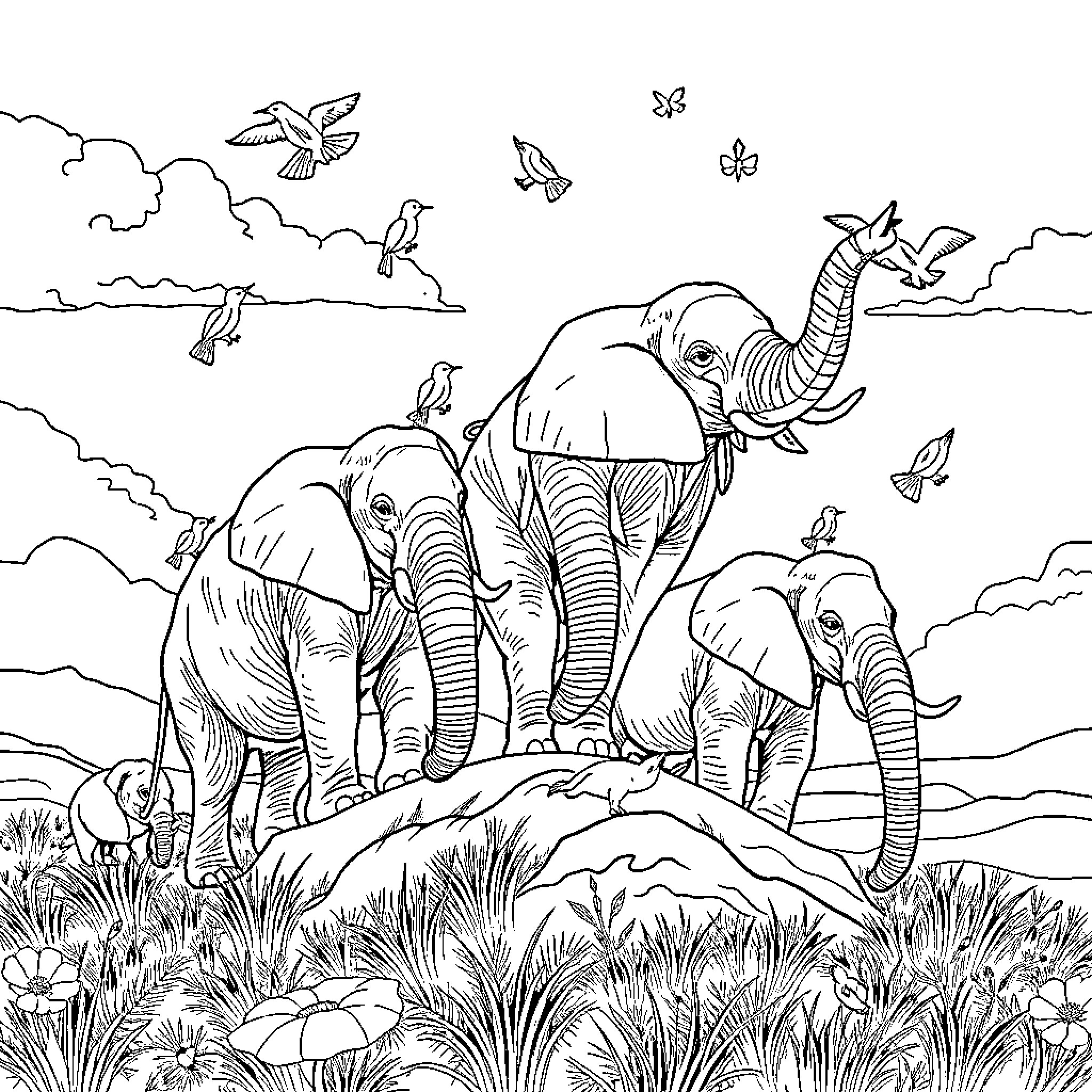 Elephant Family Exploring the Lush Savanna Coloring Page (free black-and-white line drawing printable PDF for all, from beginners to advanced learners, including children, teens, adults, and seniors)