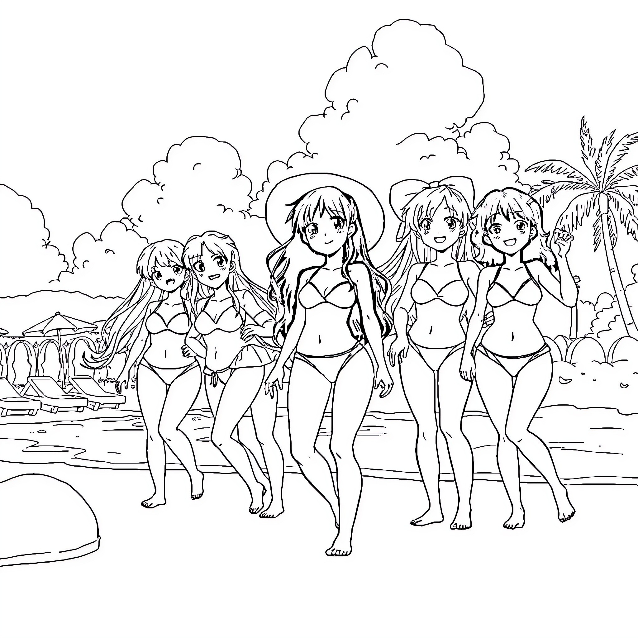 Anime Girls Enjoying a Beach Day Coloring Page (free black-and-white line drawing printable PDF for all, from beginners to advanced learners, including children, teens, adults, and seniors)