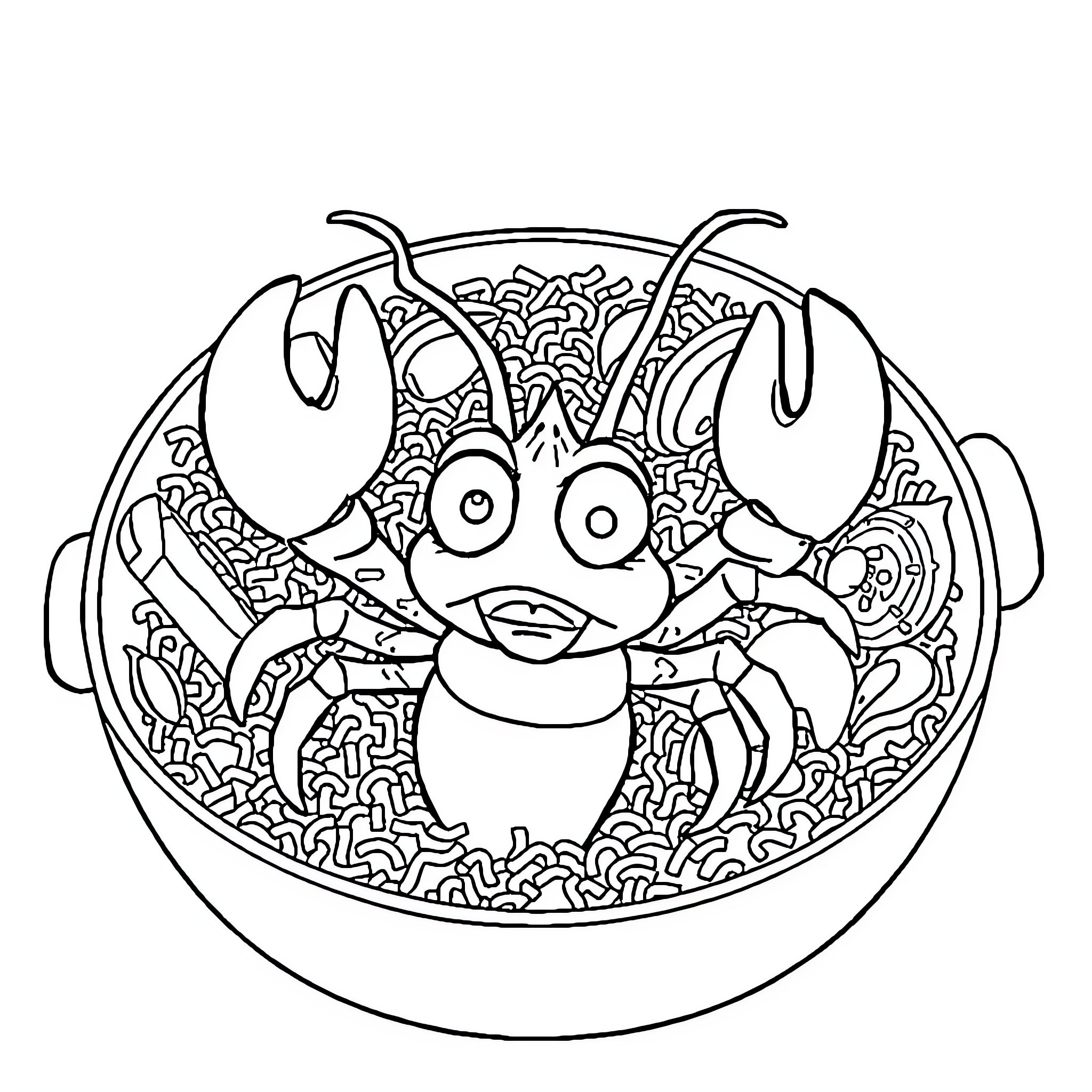 Lobster scurrying through a bowl of noodles Coloring Page (free black-and-white line drawing printable PDF for all, from beginners to advanced learners, including children, teens, adults, and seniors)