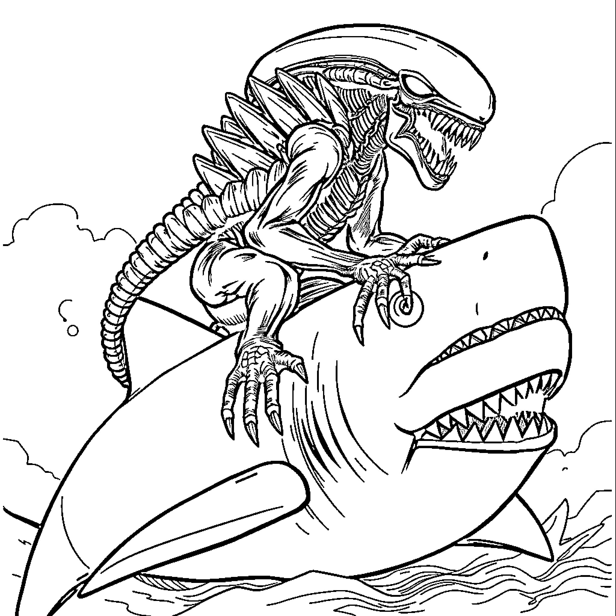Xenomorph emerging from shark's jaws Coloring Page (free black-and-white line drawing printable PDF for all, from beginners to advanced learners, including children, teens, adults, and seniors)