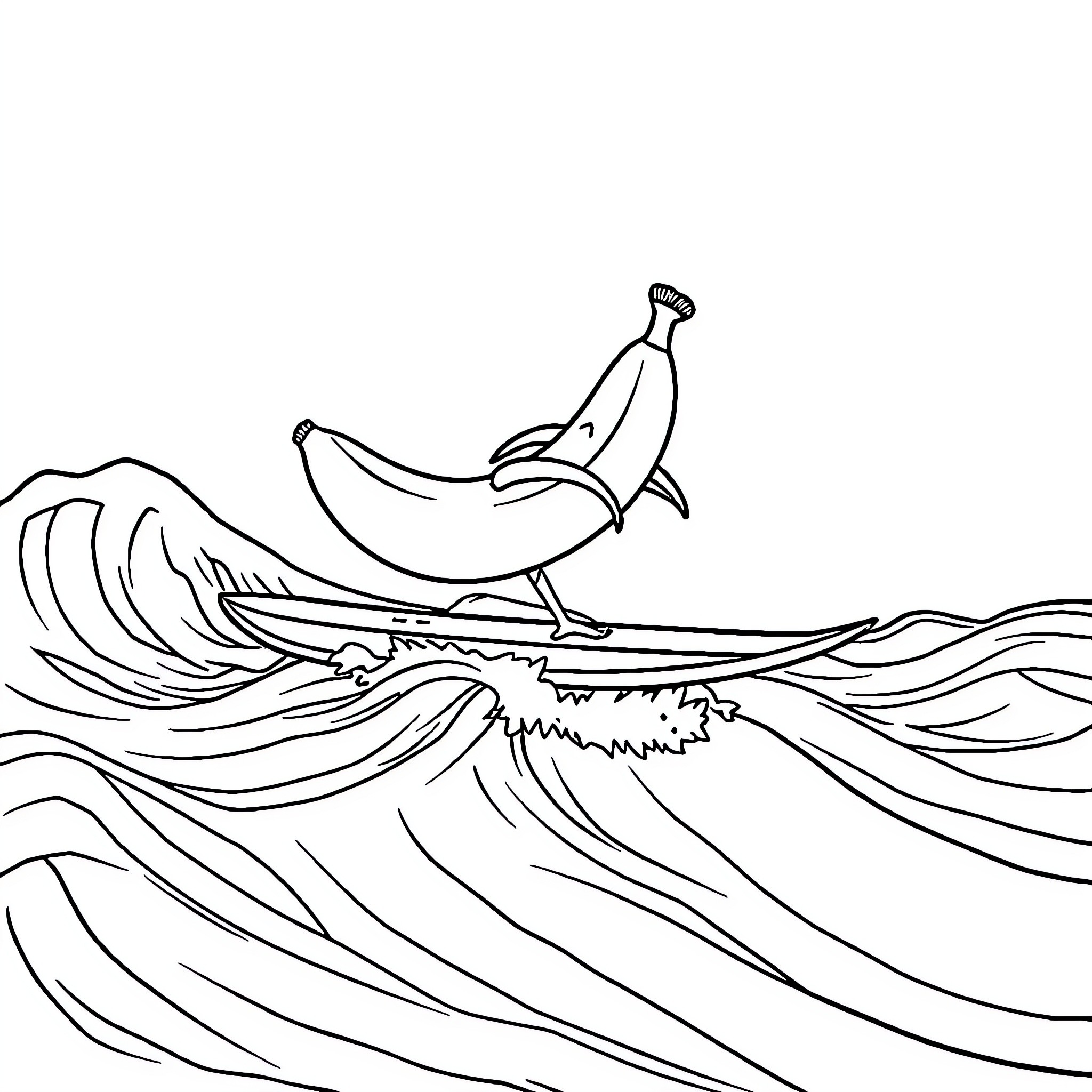 Banana surfing the waves on the ocean Coloring Page (free black-and-white line drawing printable PDF for all, from beginners to advanced learners, including children, teens, adults, and seniors)