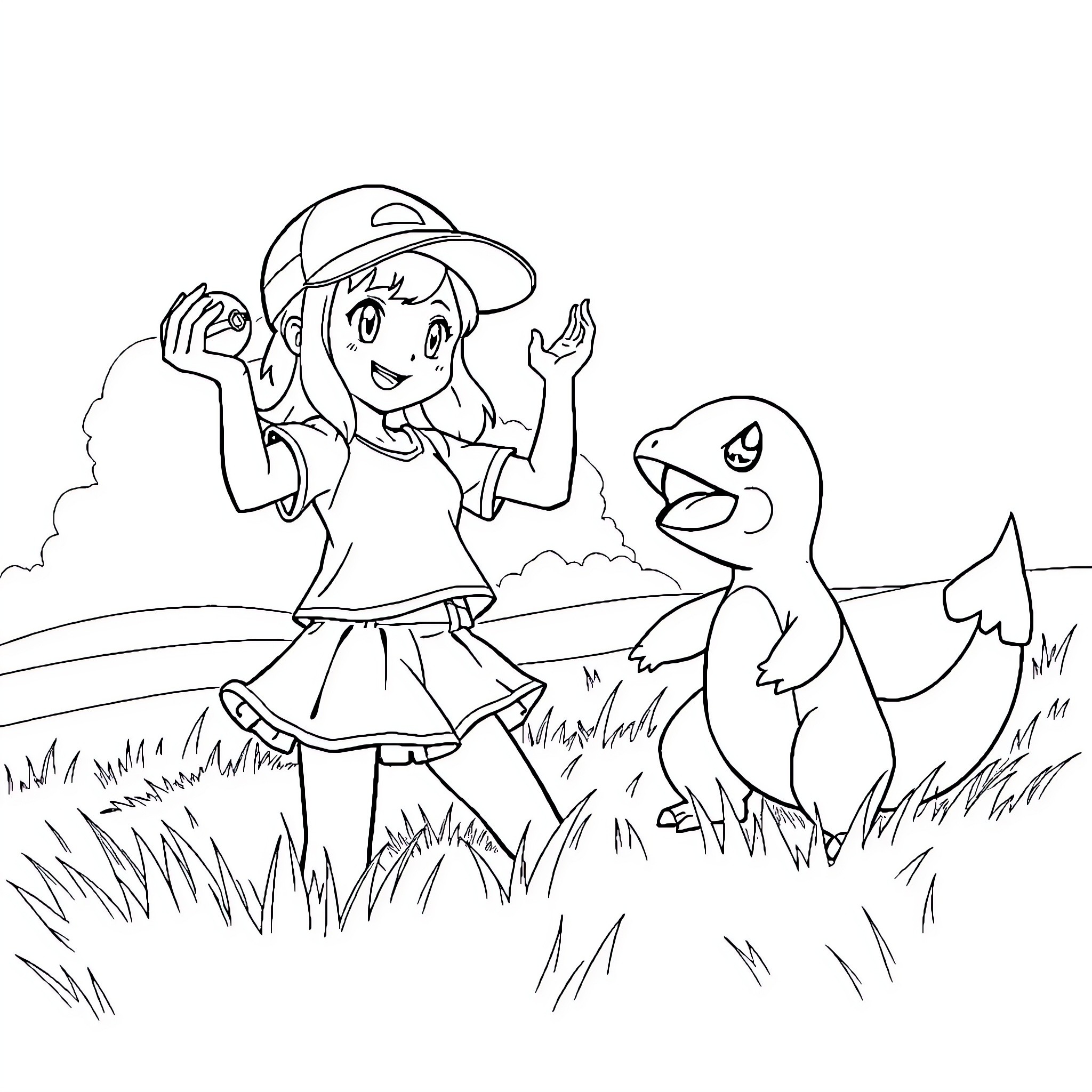 Pokemon Trainer Exploring Nature with Companion Coloring Page (free black-and-white line drawing printable PDF for all, from beginners to advanced learners, including children, teens, adults, and seniors)