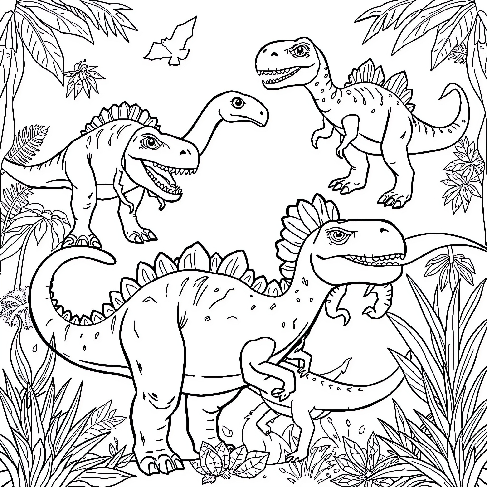 Dinosaurs Roaming in Prehistoric Landscape Coloring Page (free black-and-white line drawing printable PDF for all, from beginners to advanced learners, including children, teens, adults, and seniors)