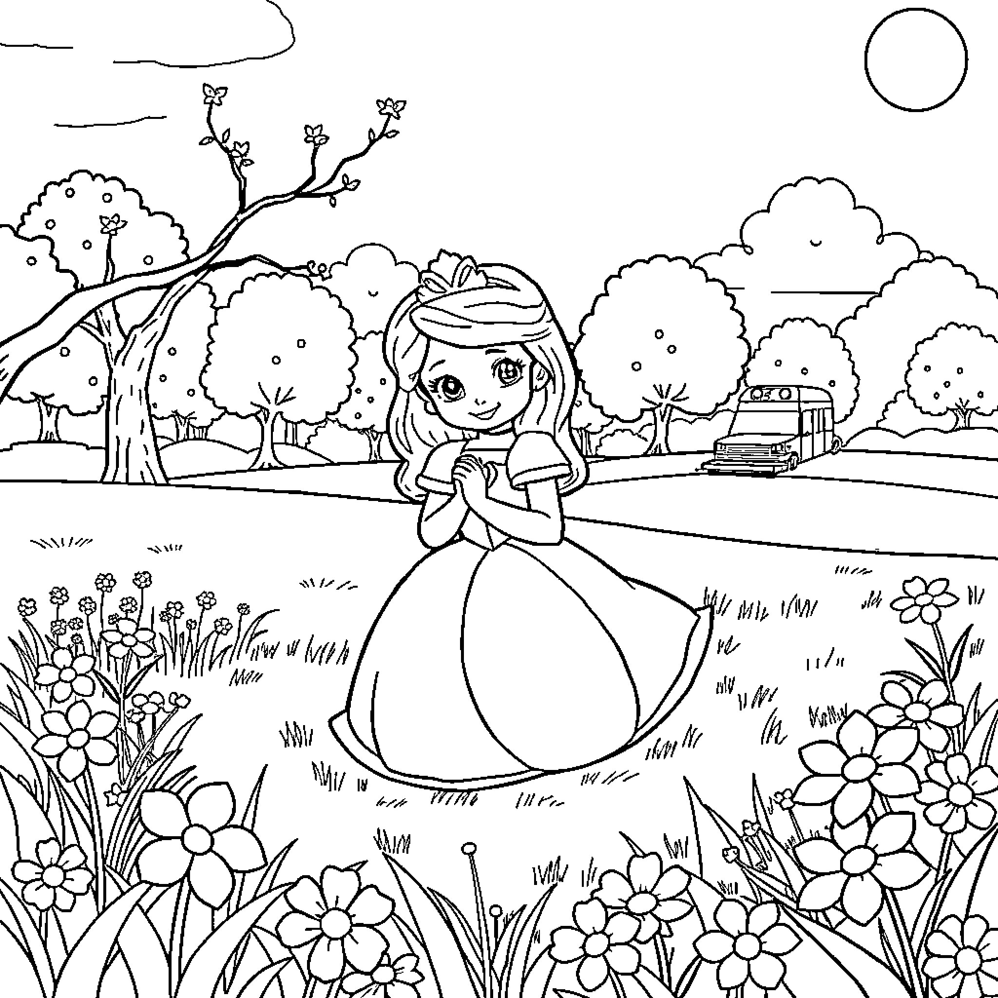 Princess in a Colorful Garden Landscape Coloring Page (free black-and-white line drawing printable PDF for all, from beginners to advanced learners, including children, teens, adults, and seniors)