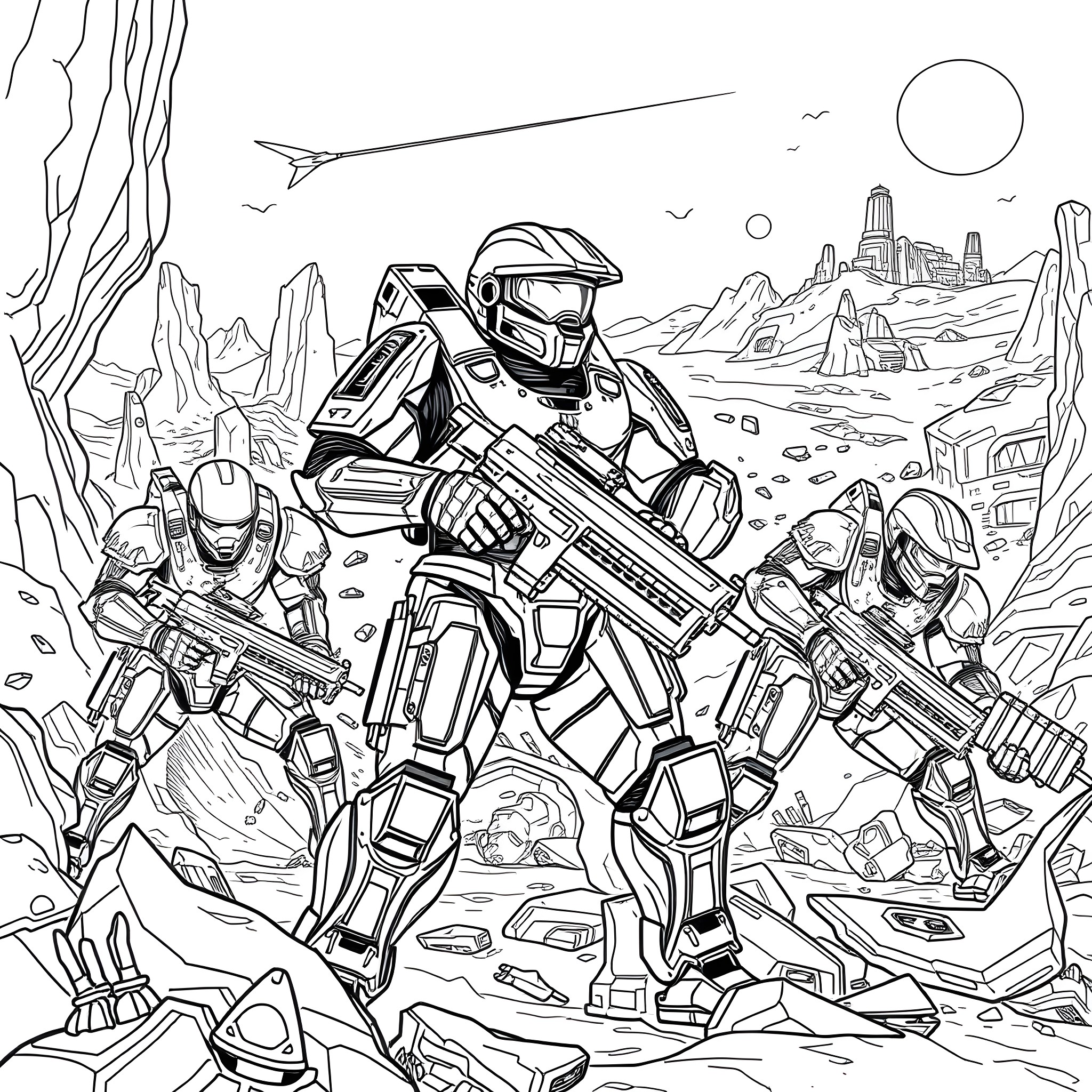 Master Chief leading an armed squad in a sci-fi landscape Coloring Page (free black-and-white line drawing printable PDF for all, from beginners to advanced learners, including children, teens, adults, and seniors)