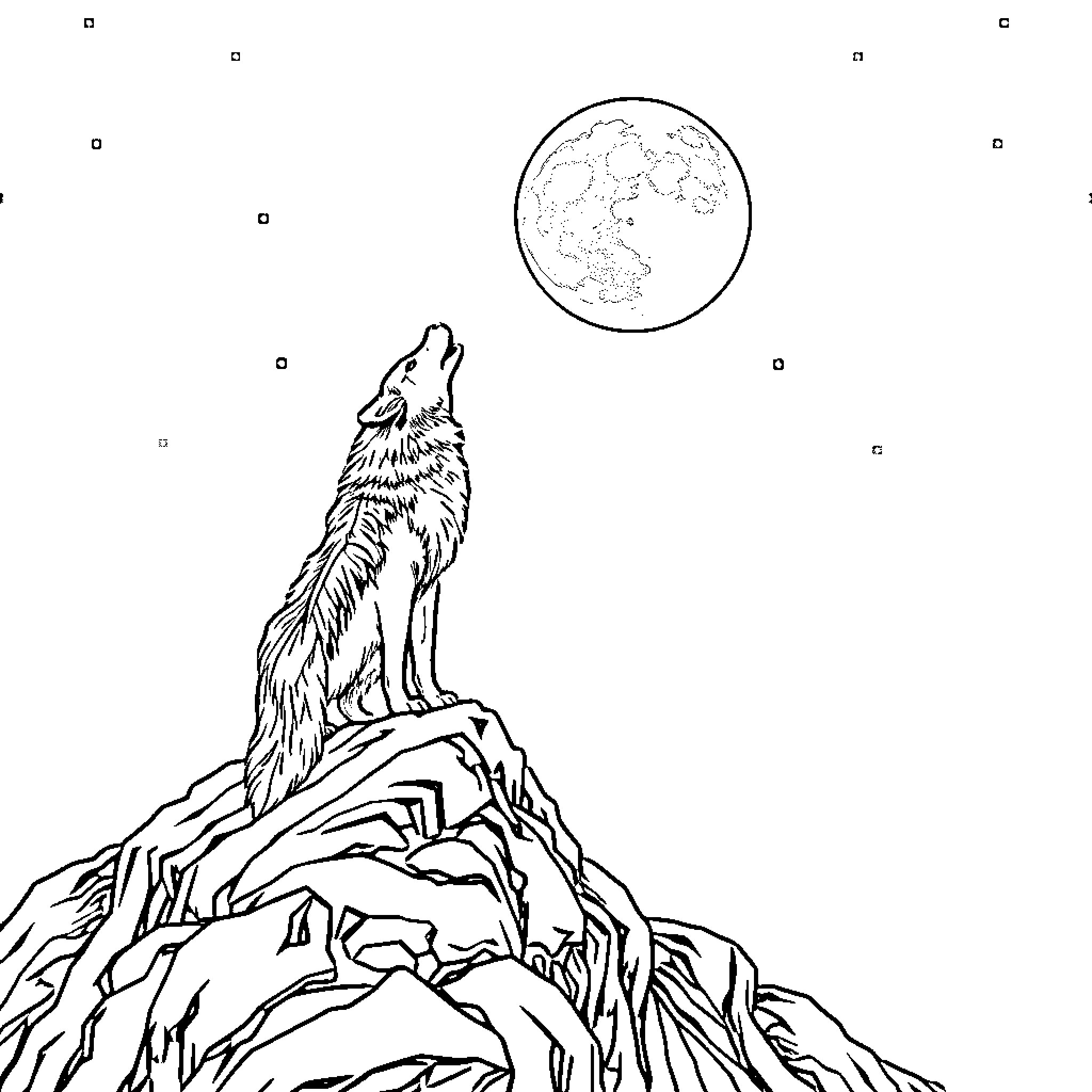 Wolf howling at the full moon on a rocky cliff Coloring Page (free black-and-white line drawing printable PDF for all, from beginners to advanced learners, including children, teens, adults, and seniors)