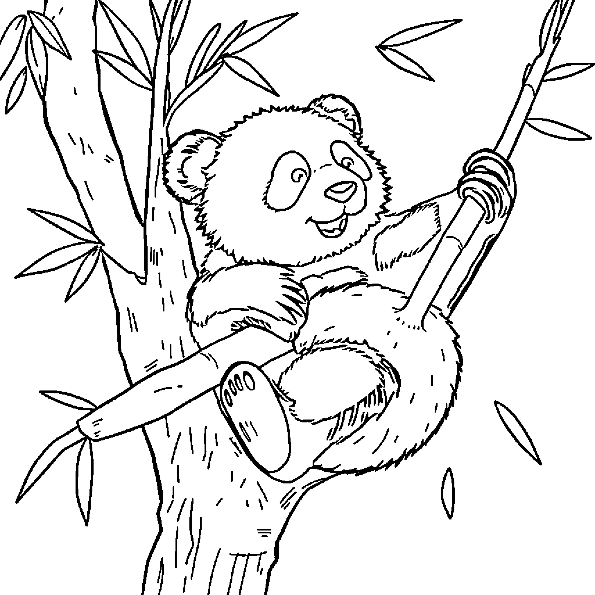 Panda playing happily in bamboo forest Coloring Page (free black-and-white line drawing printable PDF for all, from beginners to advanced learners, including children, teens, adults, and seniors)