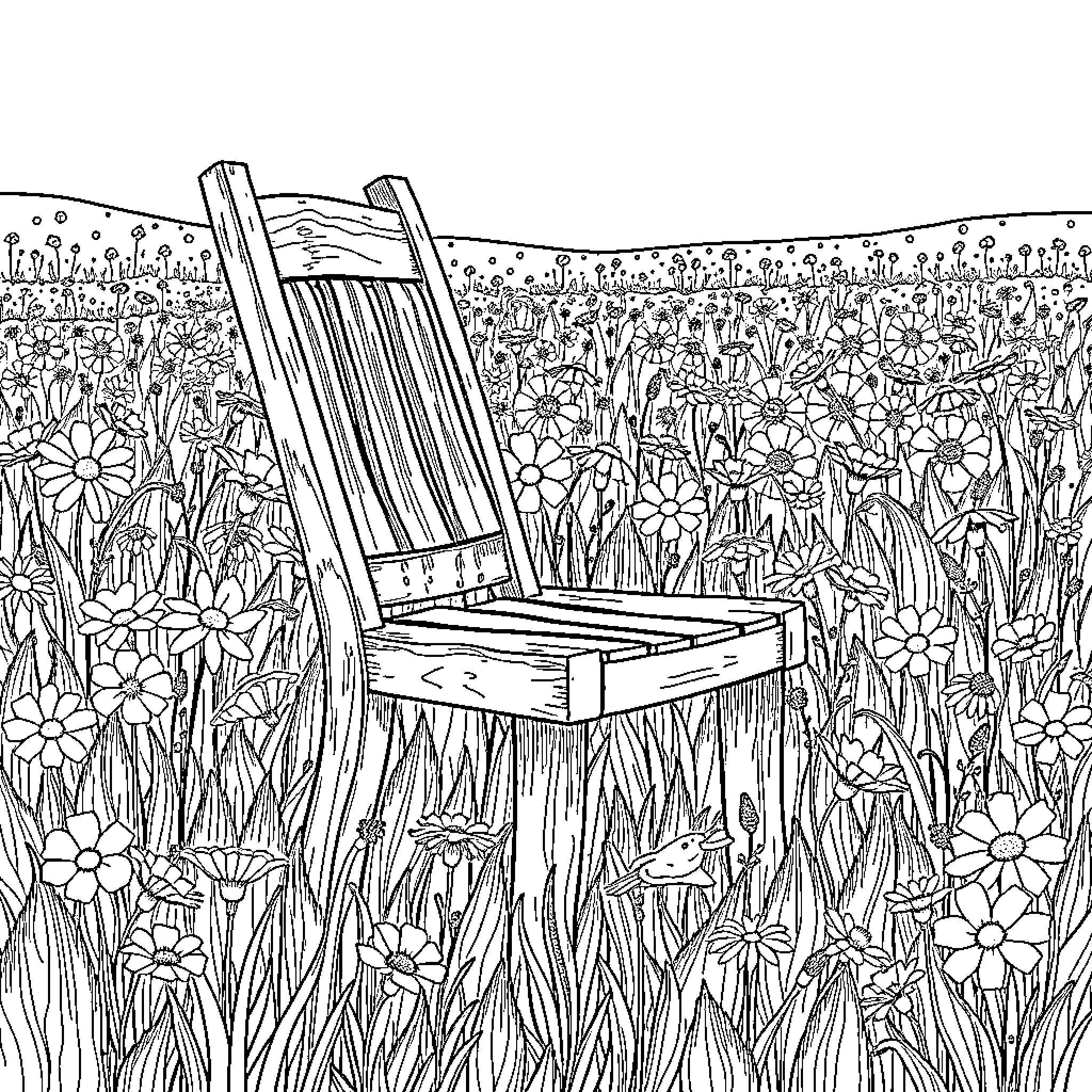 Chair in a Flower-Filled Field Coloring Page (free black-and-white line drawing printable PDF for all, from beginners to advanced learners, including children, teens, adults, and seniors)