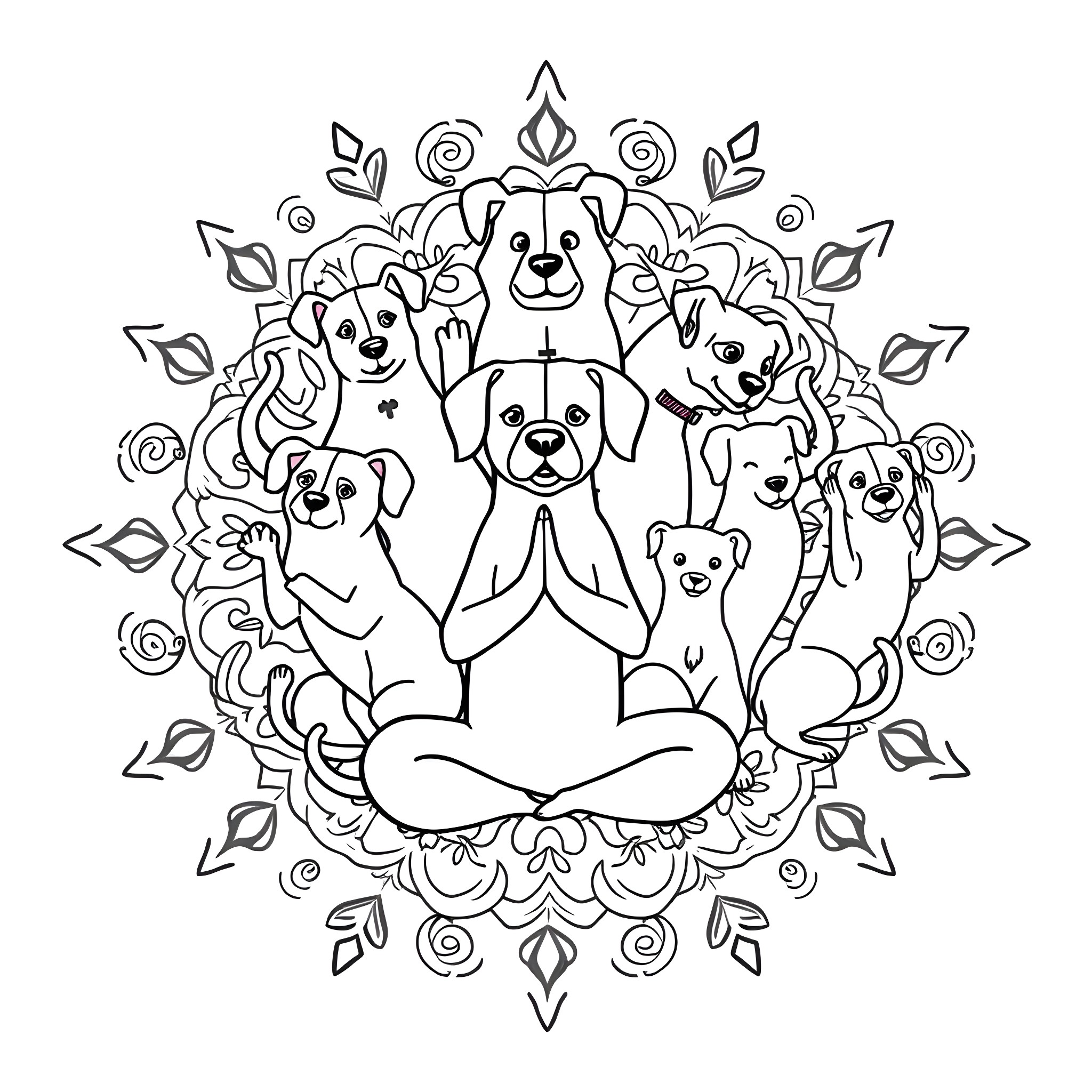 Dogs meditating in floral mandala Coloring Page (free black-and-white line drawing printable PDF for all, from beginners to advanced learners, including children, teens, adults, and seniors)
