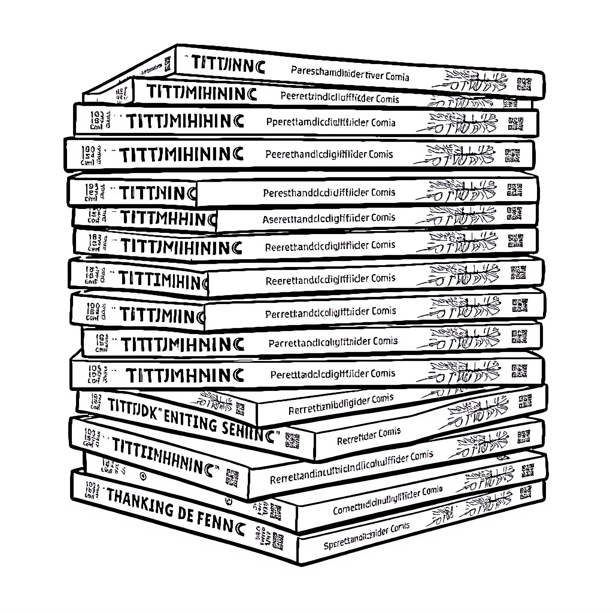 Tintin's Adventures - Stacked Comic Book Titles Coloring Page (free black-and-white line drawing printable PDF for all, from beginners to advanced learners, including children, teens, adults, and seniors)