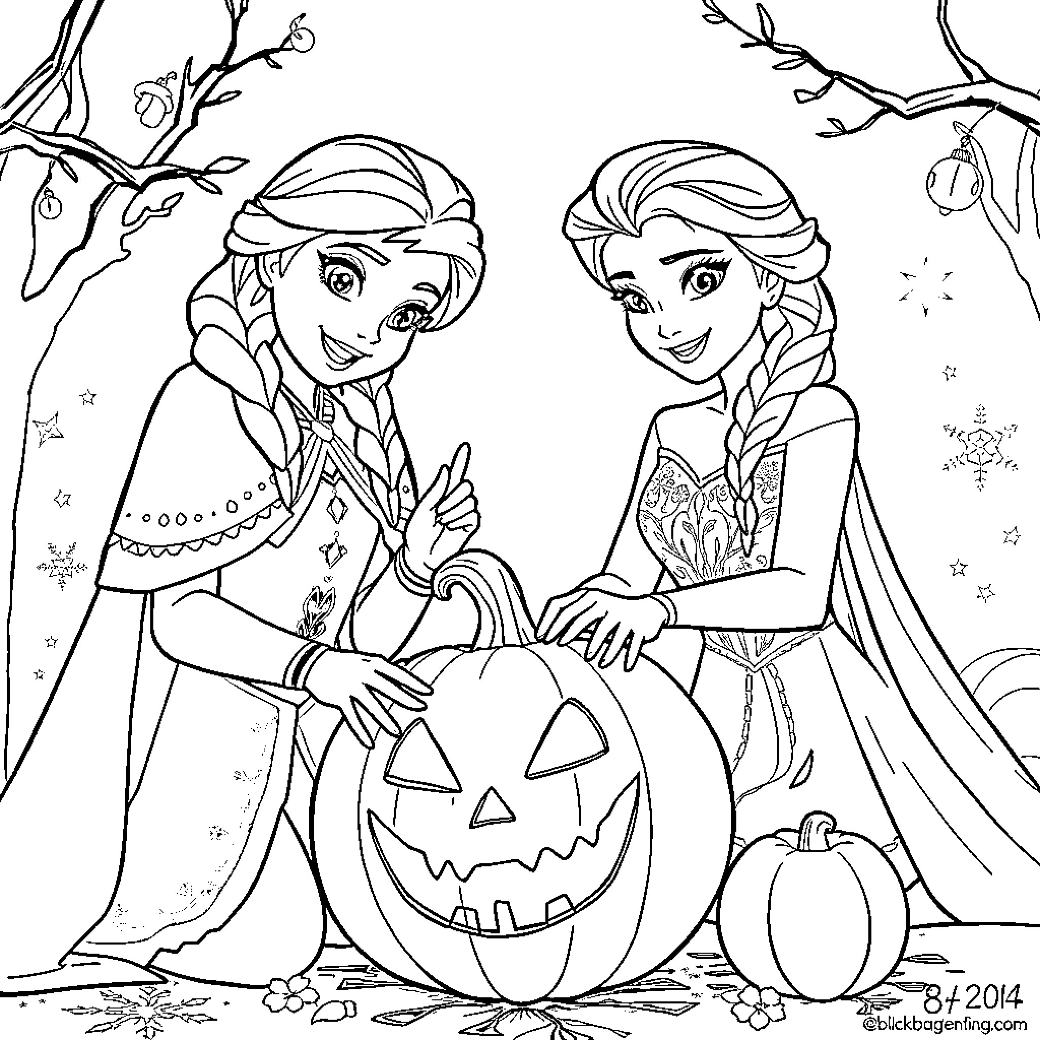 Anna's Halloween adventure with Elsa Coloring Page (free black-and-white line drawing printable PDF for all, from beginners to advanced learners, including children, teens, adults, and seniors)