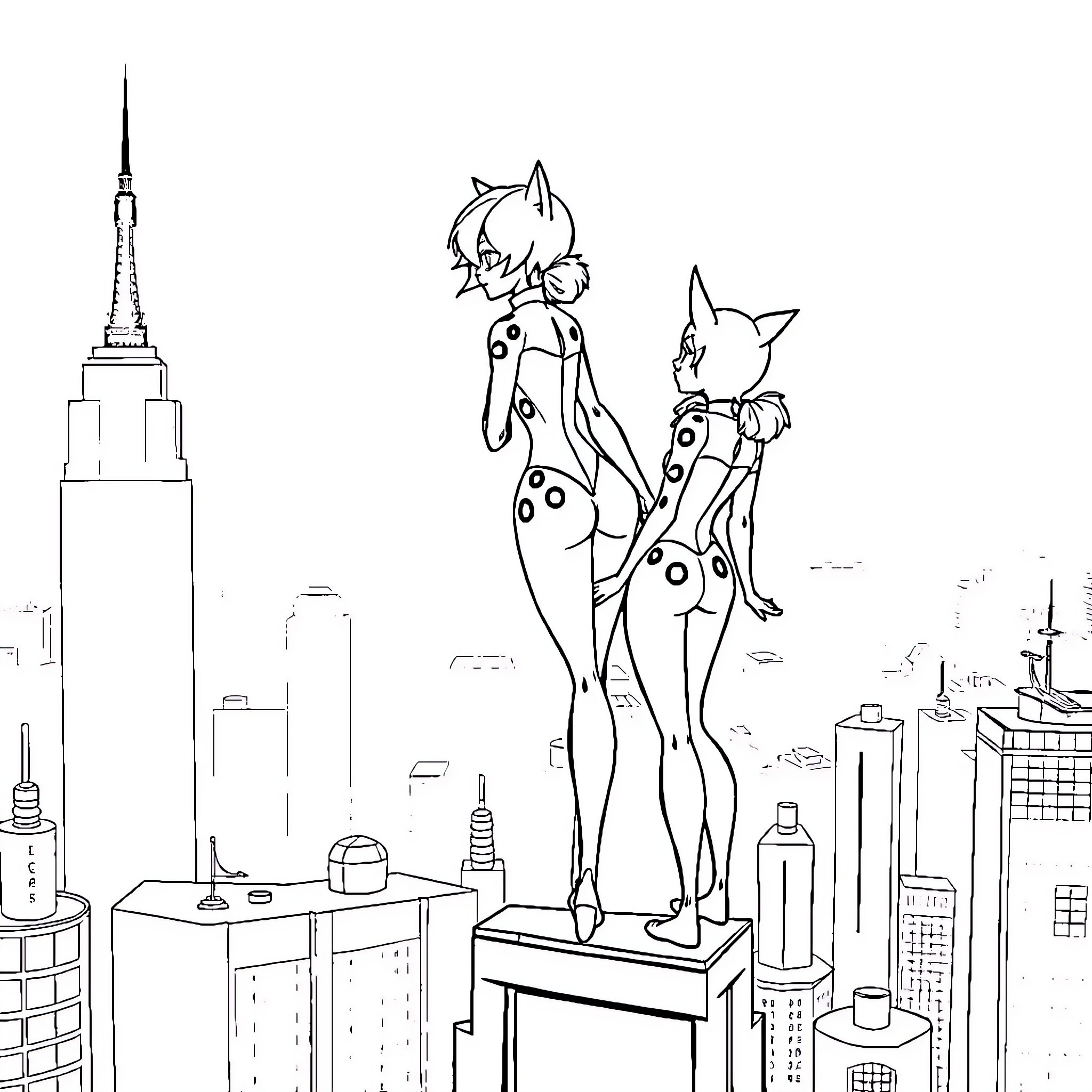Ladybug-inspired characters exploring the city skyline Coloring Page (free black-and-white line drawing printable PDF for all, from beginners to advanced learners, including children, teens, adults, and seniors)