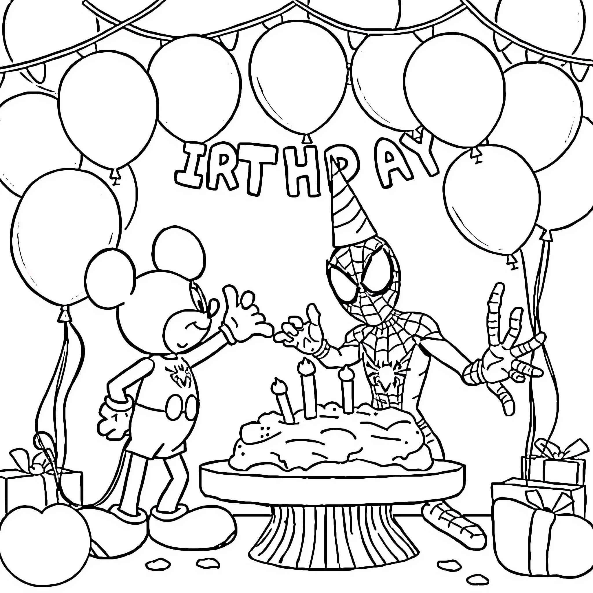 Mickey Mouse celebrates a happy birthday with friends Coloring Page (free black-and-white line drawing printable PDF for all, from beginners to advanced learners, including children, teens, adults, and seniors)