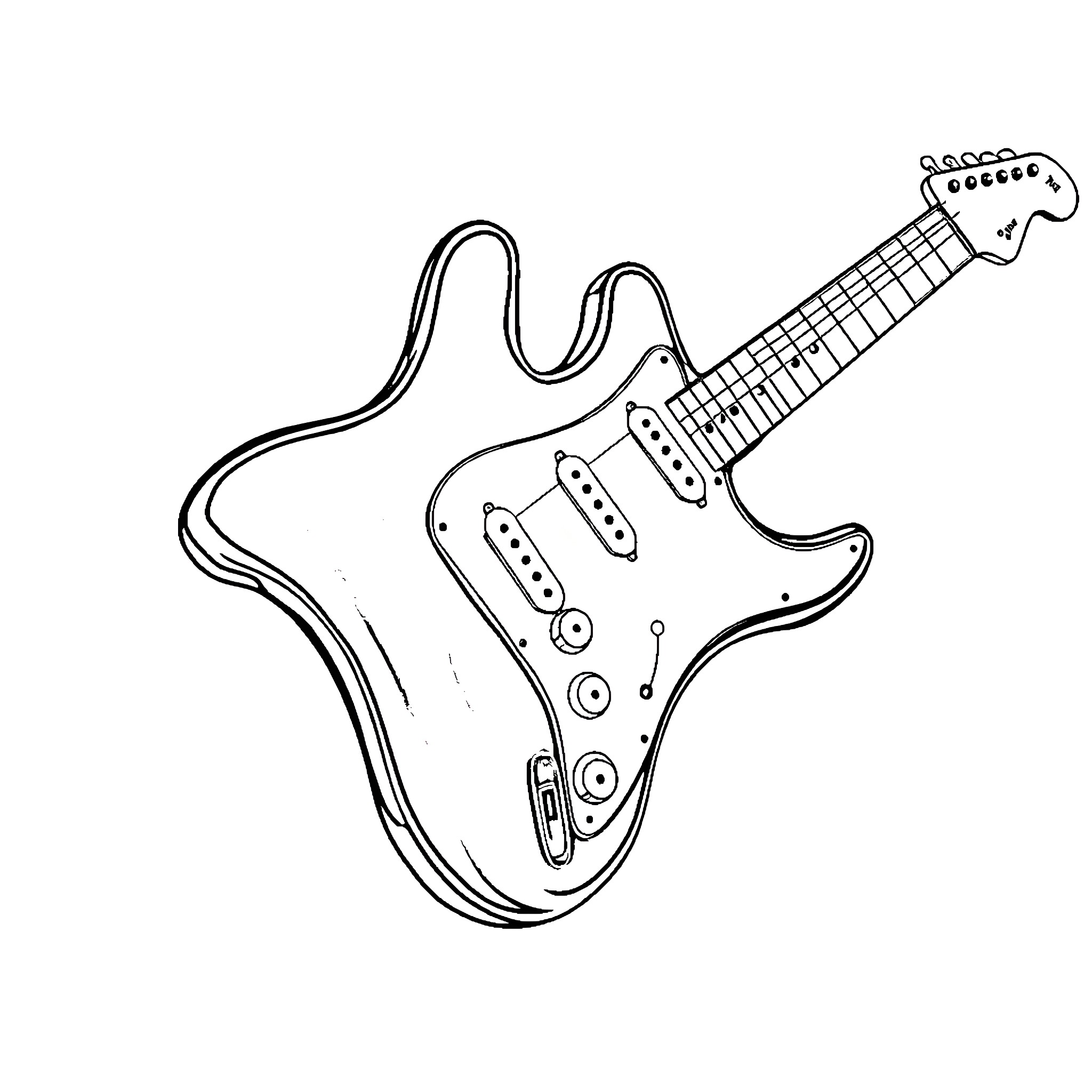 Fender Stratocaster electric guitar sketch Coloring Page (free black-and-white line drawing printable PDF for all, from beginners to advanced learners, including children, teens, adults, and seniors)