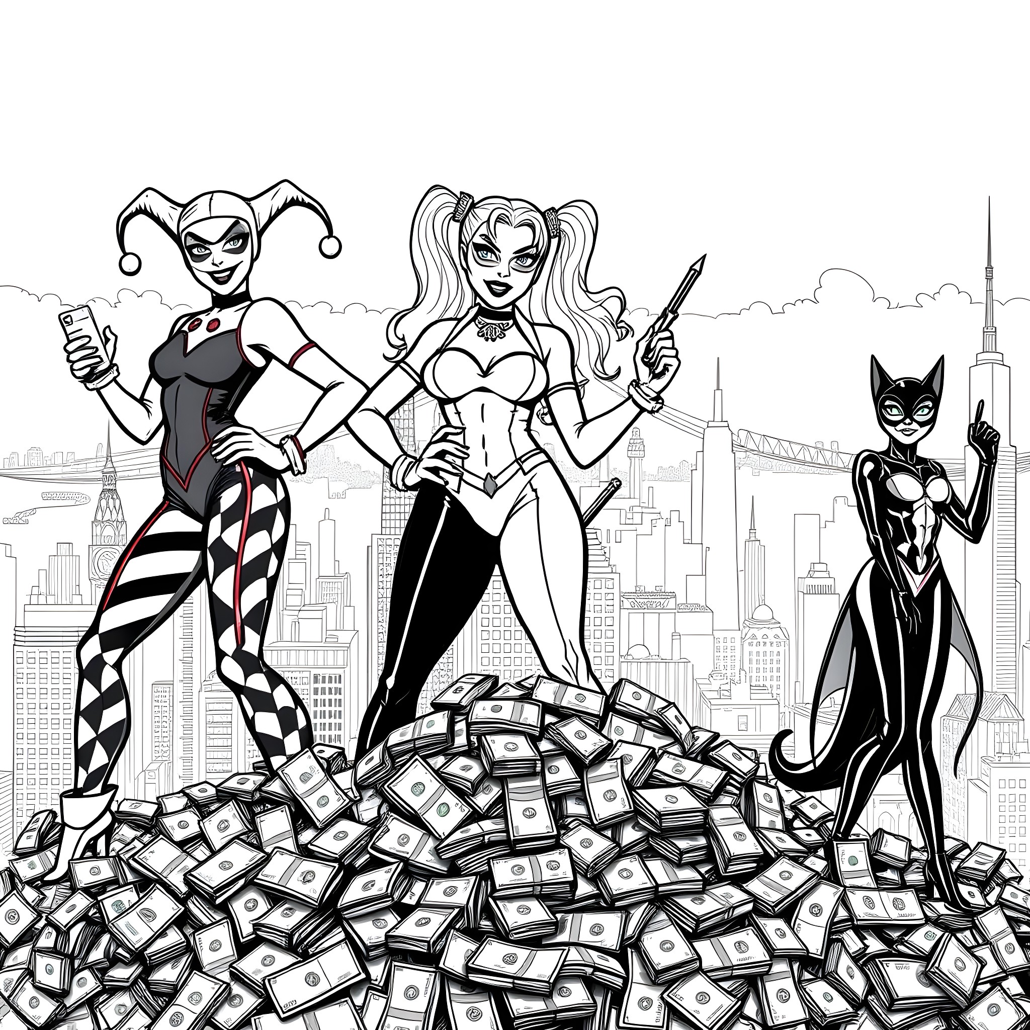Harley Quinn and Villains Posing with Money Coloring Page (free black-and-white line drawing printable PDF for all, from beginners to advanced learners, including children, teens, adults, and seniors)
