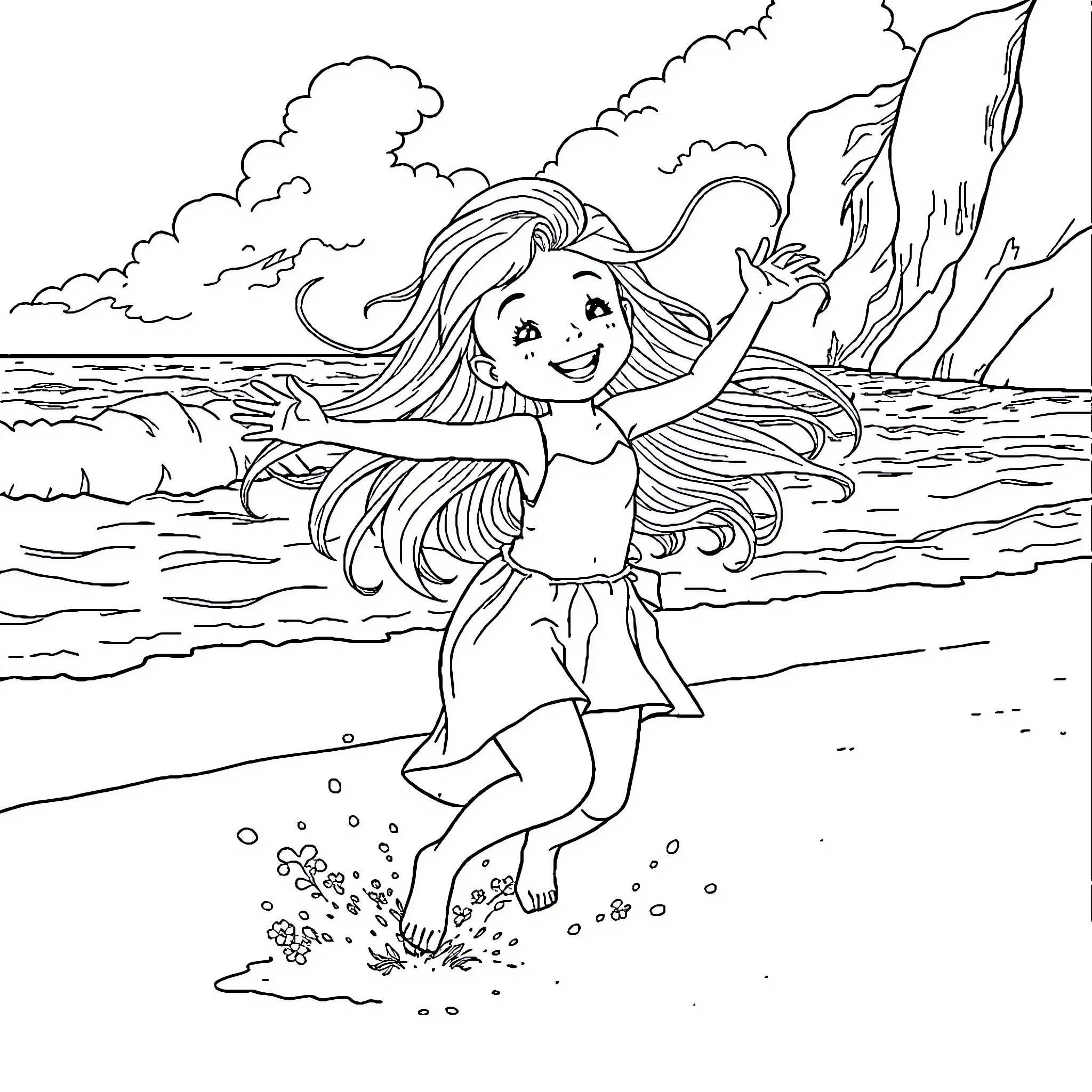 Rapunzel's Joyful Coastal Adventure Coloring Page (free black-and-white line drawing printable PDF for all, from beginners to advanced learners, including children, teens, adults, and seniors)