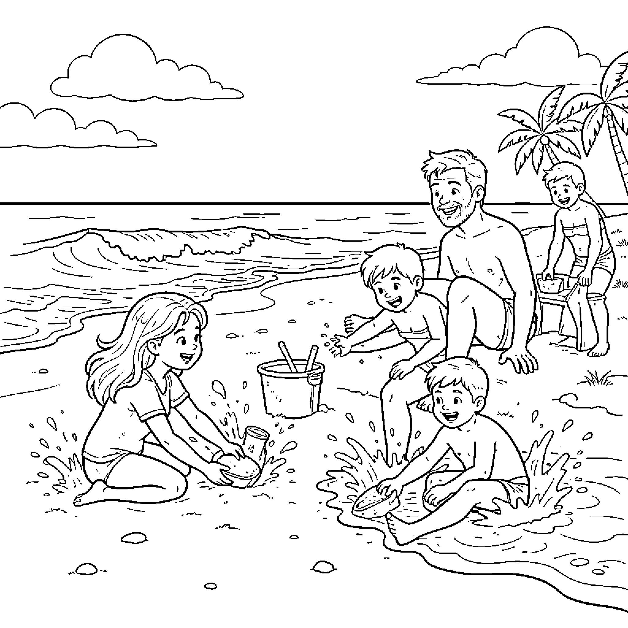 Family playing and building sandcastles on the beach Coloring Page (free black-and-white line drawing printable PDF for all, from beginners to advanced learners, including children, teens, adults, and seniors)