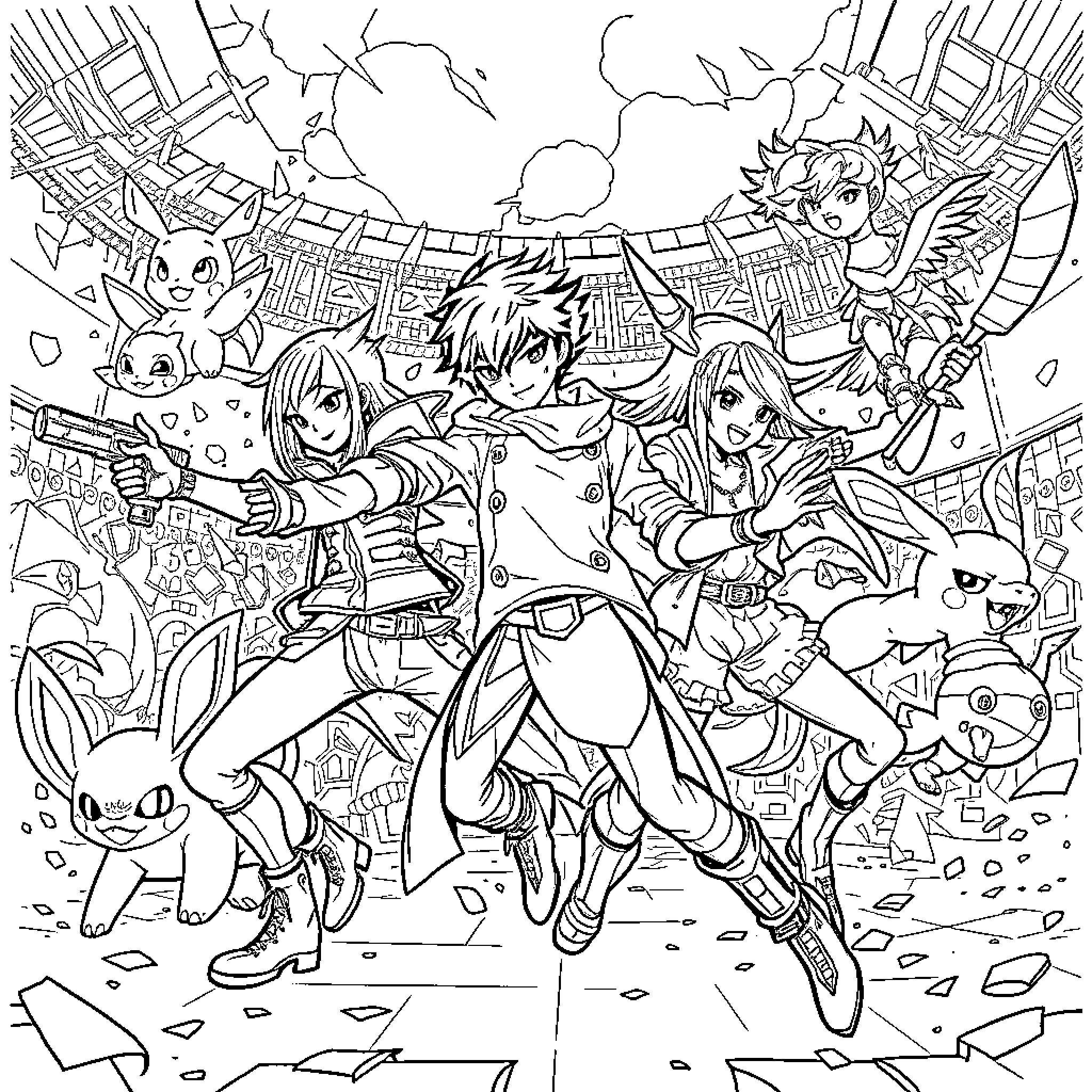 Demon Hunter Faces Chaos in Fantastical Battlefield Coloring Page (free black-and-white line drawing printable PDF for all, from beginners to advanced learners, including children, teens, adults, and seniors)