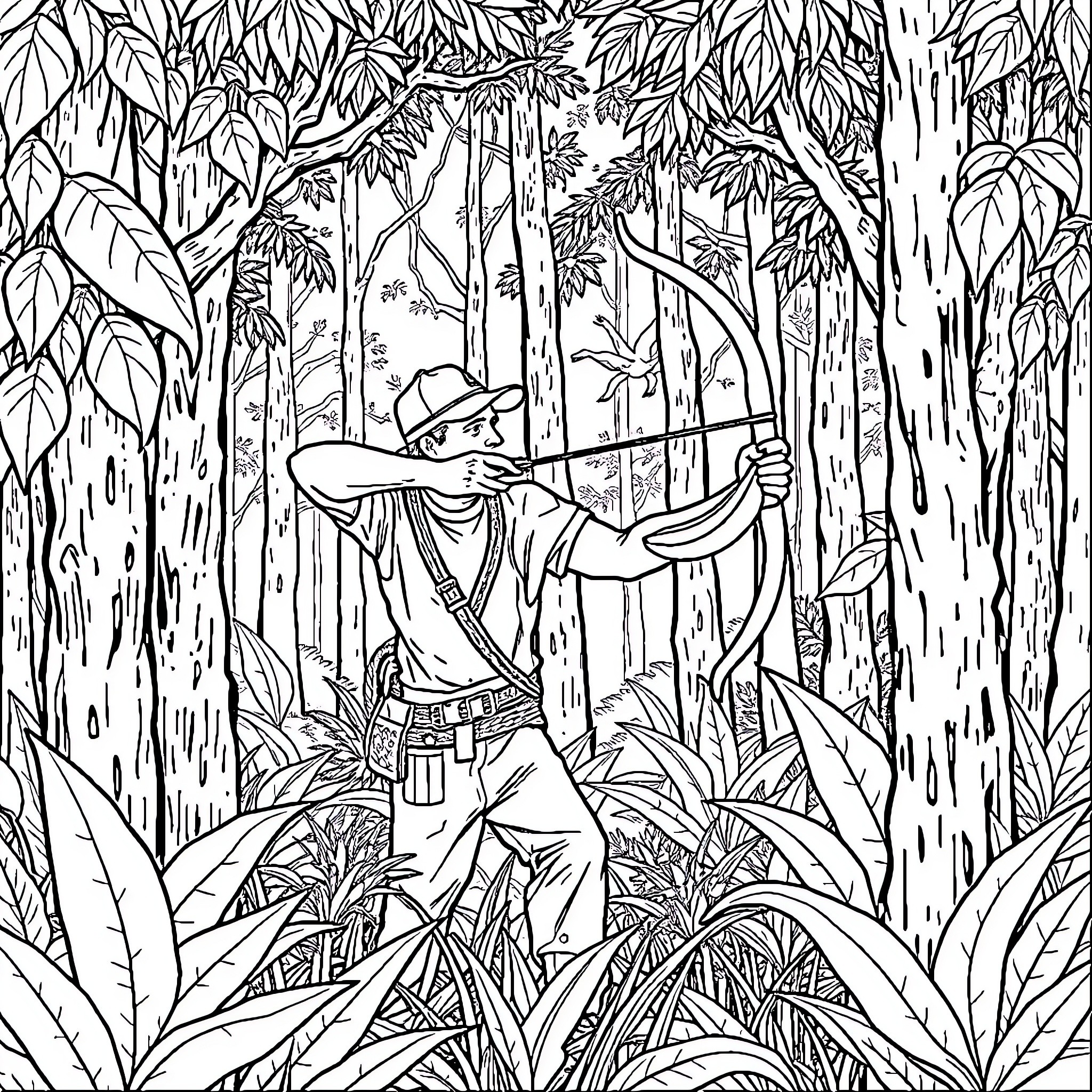 Man exploring lush tropical forest with bow and arrow Coloring Page (free black-and-white line drawing printable PDF for all, from beginners to advanced learners, including children, teens, adults, and seniors)