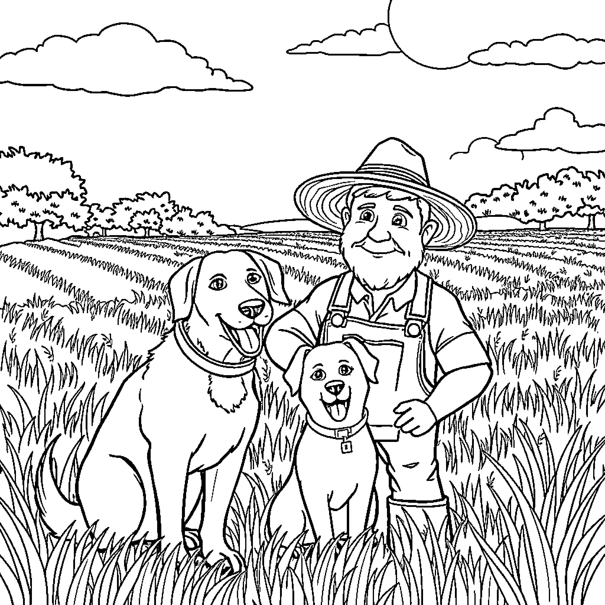 Farmer with dogs in the countryside Coloring Page (free black-and-white line drawing printable PDF for all, from beginners to advanced learners, including children, teens, adults, and seniors)
