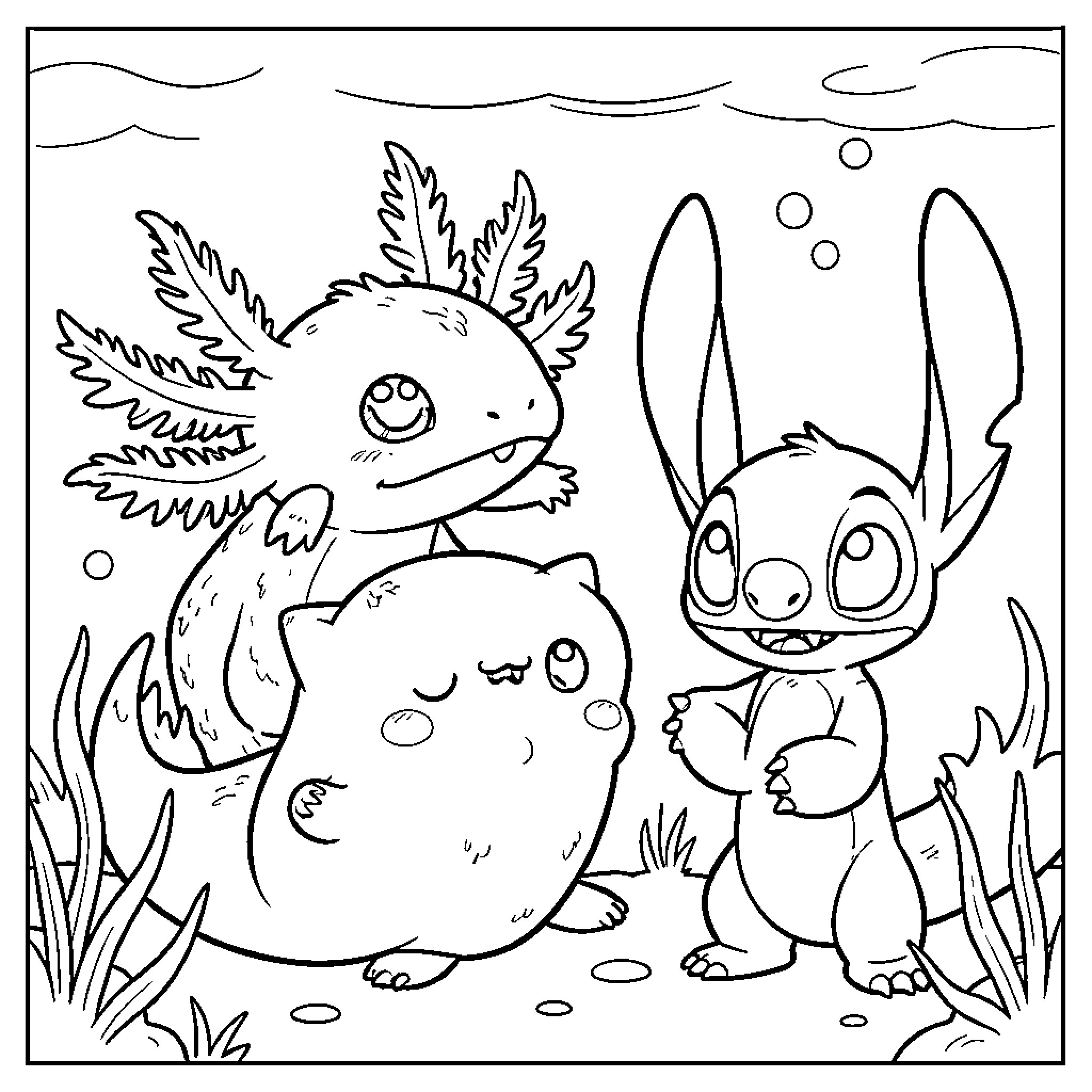 Axolotl and Stitch interacting in an underwater scene Coloring Page (free black-and-white line drawing printable PDF for all, from beginners to advanced learners, including children, teens, adults, and seniors)