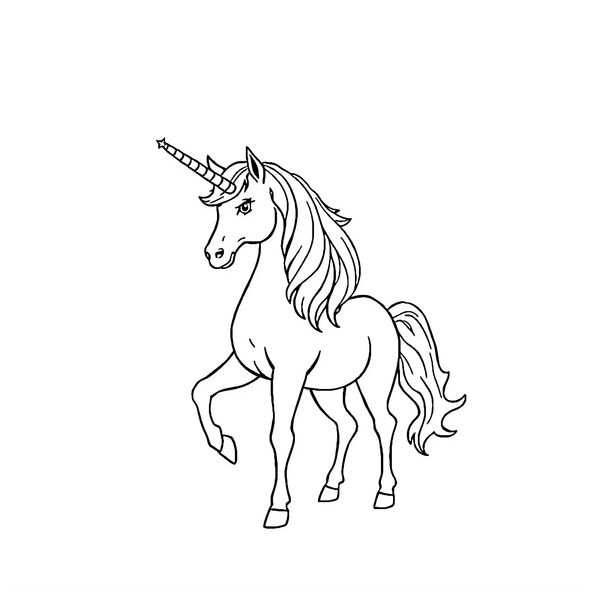 Unicorn standing proudly with flowing mane Coloring Page (free black-and-white line drawing printable PDF for all, from beginners to advanced learners, including children, teens, adults, and seniors)