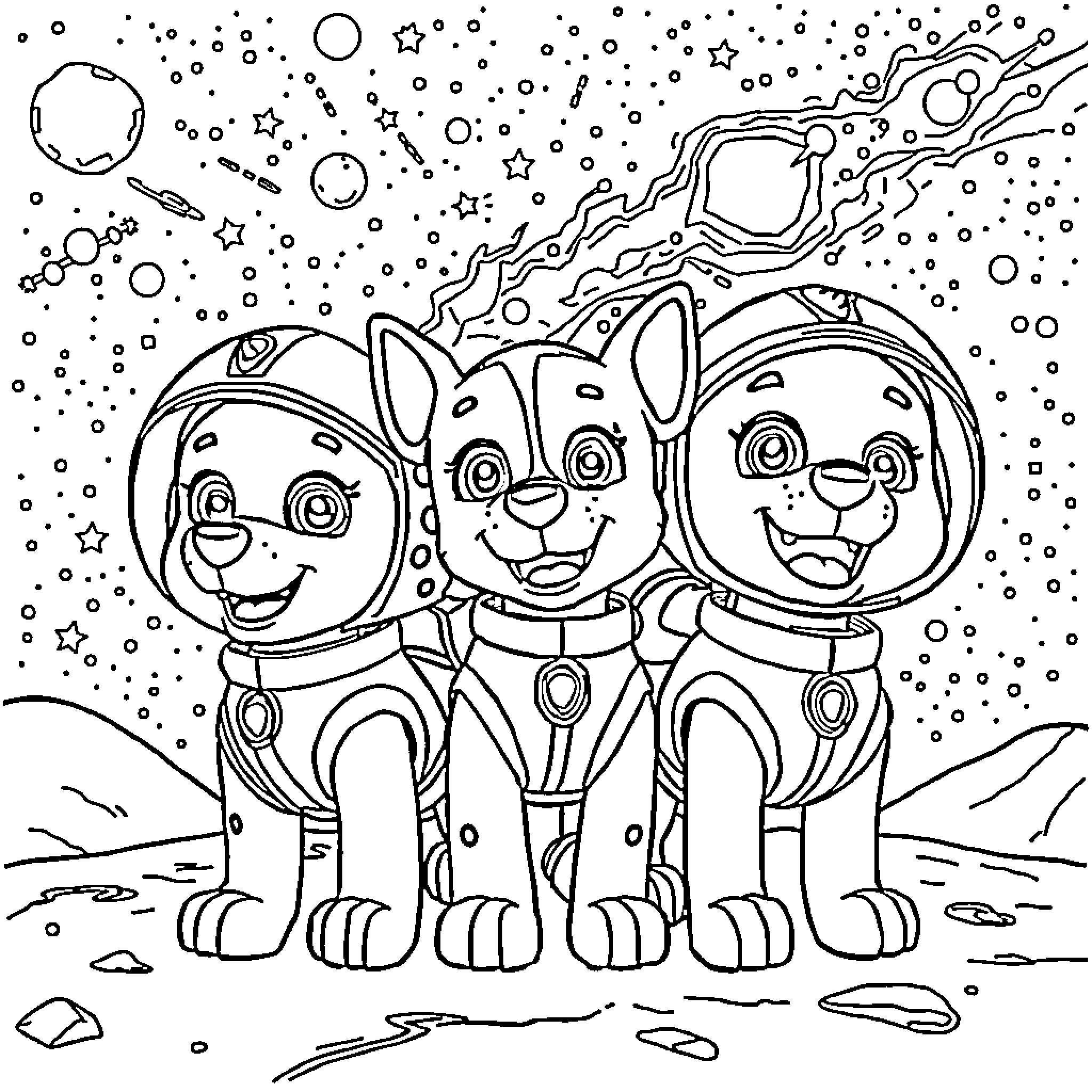 Paw Patrol space adventure with friends Coloring Page (free black-and-white line drawing printable PDF for all, from beginners to advanced learners, including children, teens, adults, and seniors)