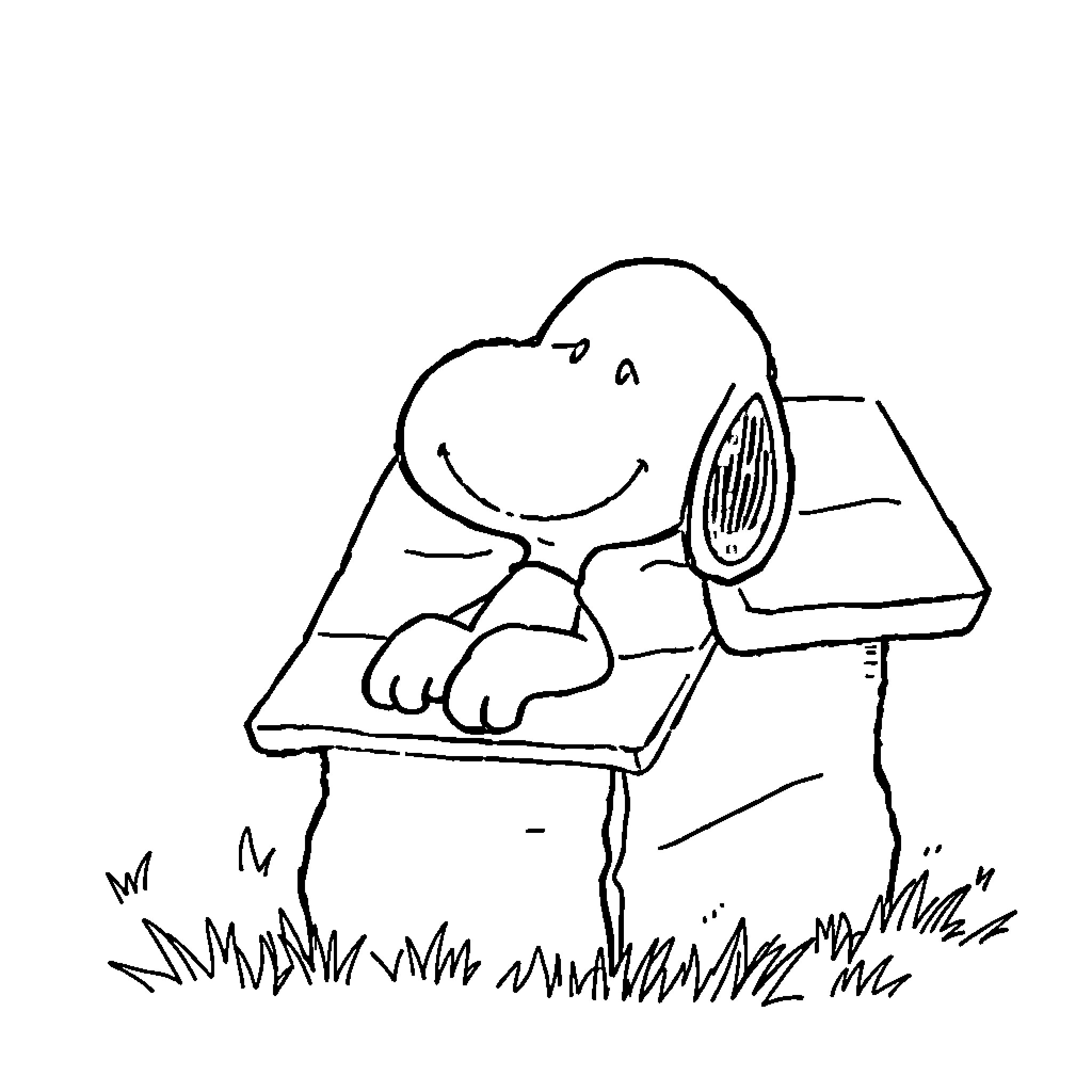 Snoopy reading a book on the grass Coloring Page (free black-and-white line drawing printable PDF for all, from beginners to advanced learners, including children, teens, adults, and seniors)