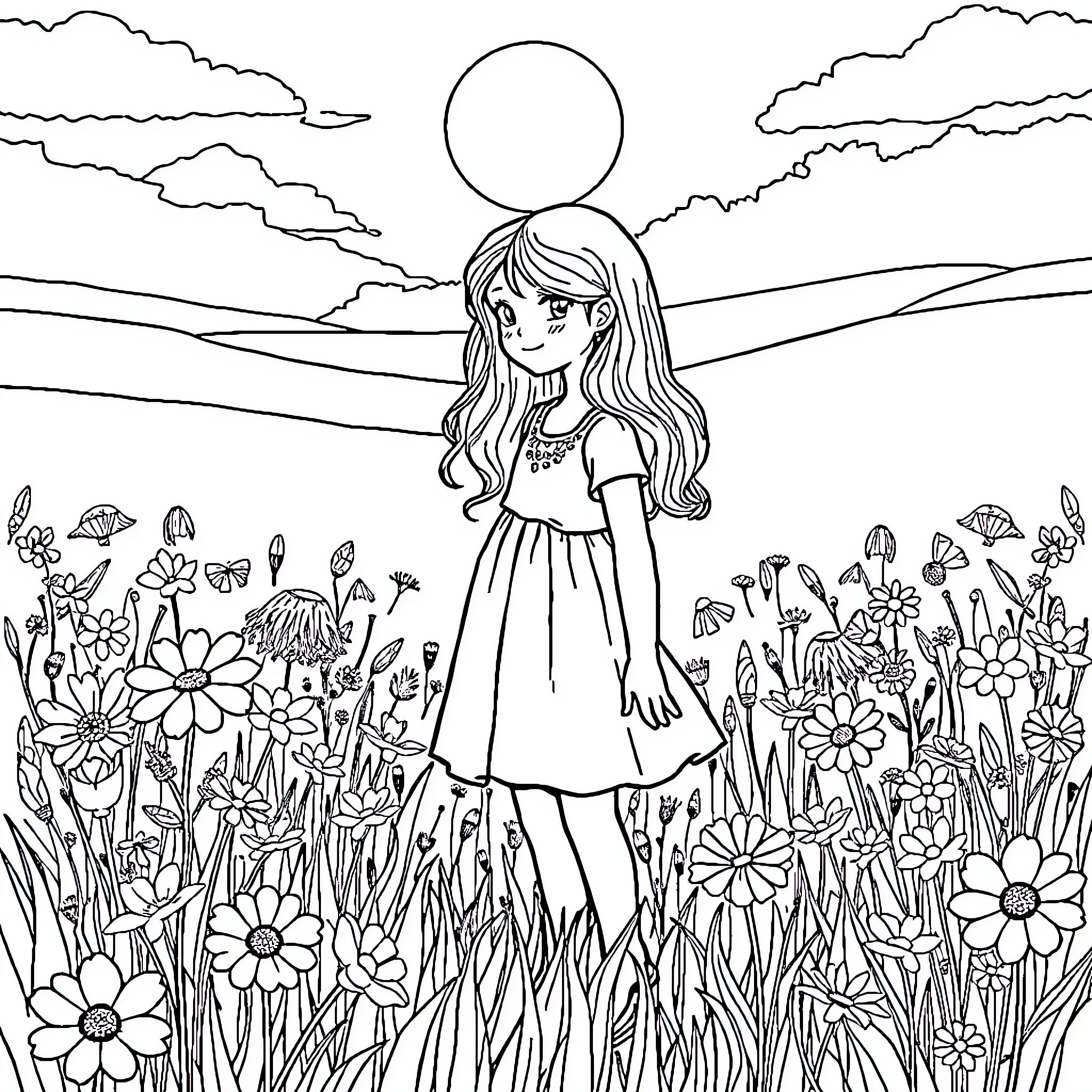 Girl enjoying a serene floral landscape Coloring Page (free black-and-white line drawing printable PDF for all, from beginners to advanced learners, including children, teens, adults, and seniors)