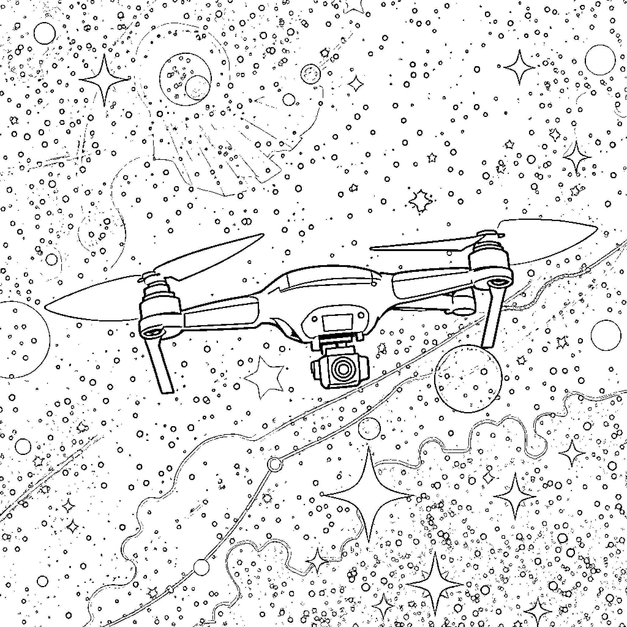 FPV drone flying amidst starry night sky Coloring Page (free black-and-white line drawing printable PDF for all, from beginners to advanced learners, including children, teens, adults, and seniors)