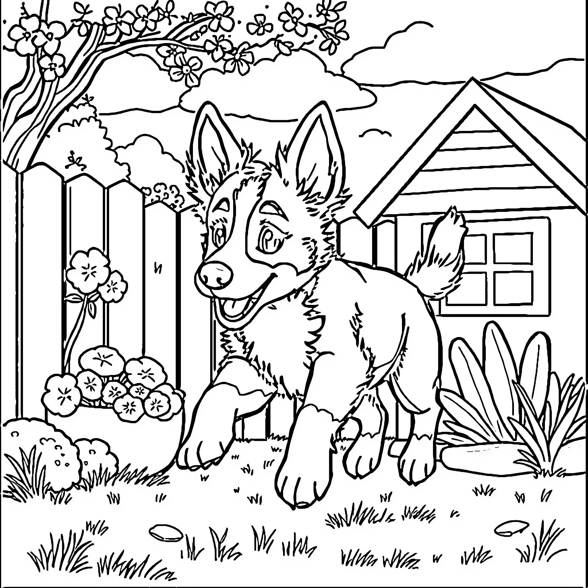 Bluey's Playful Adventure in the Backyard Coloring Page (free black-and-white line drawing printable PDF for all, from beginners to advanced learners, including children, teens, adults, and seniors)