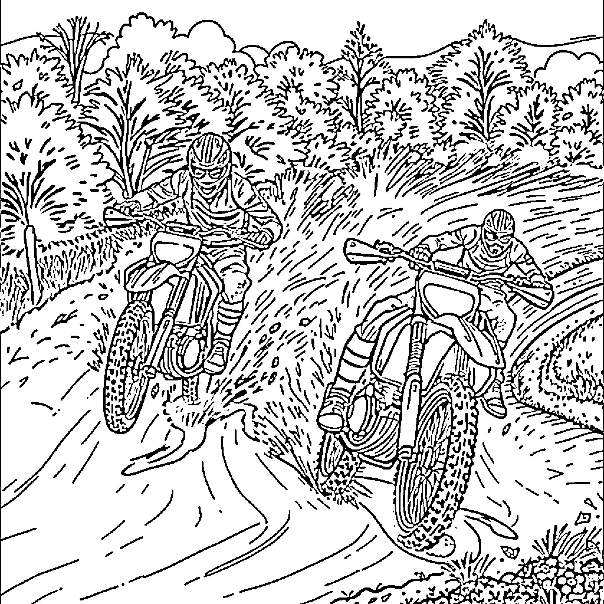 Moto Cross Riders Racing Through Wilderness Coloring Page (free black-and-white line drawing printable PDF for all, from beginners to advanced learners, including children, teens, adults, and seniors)