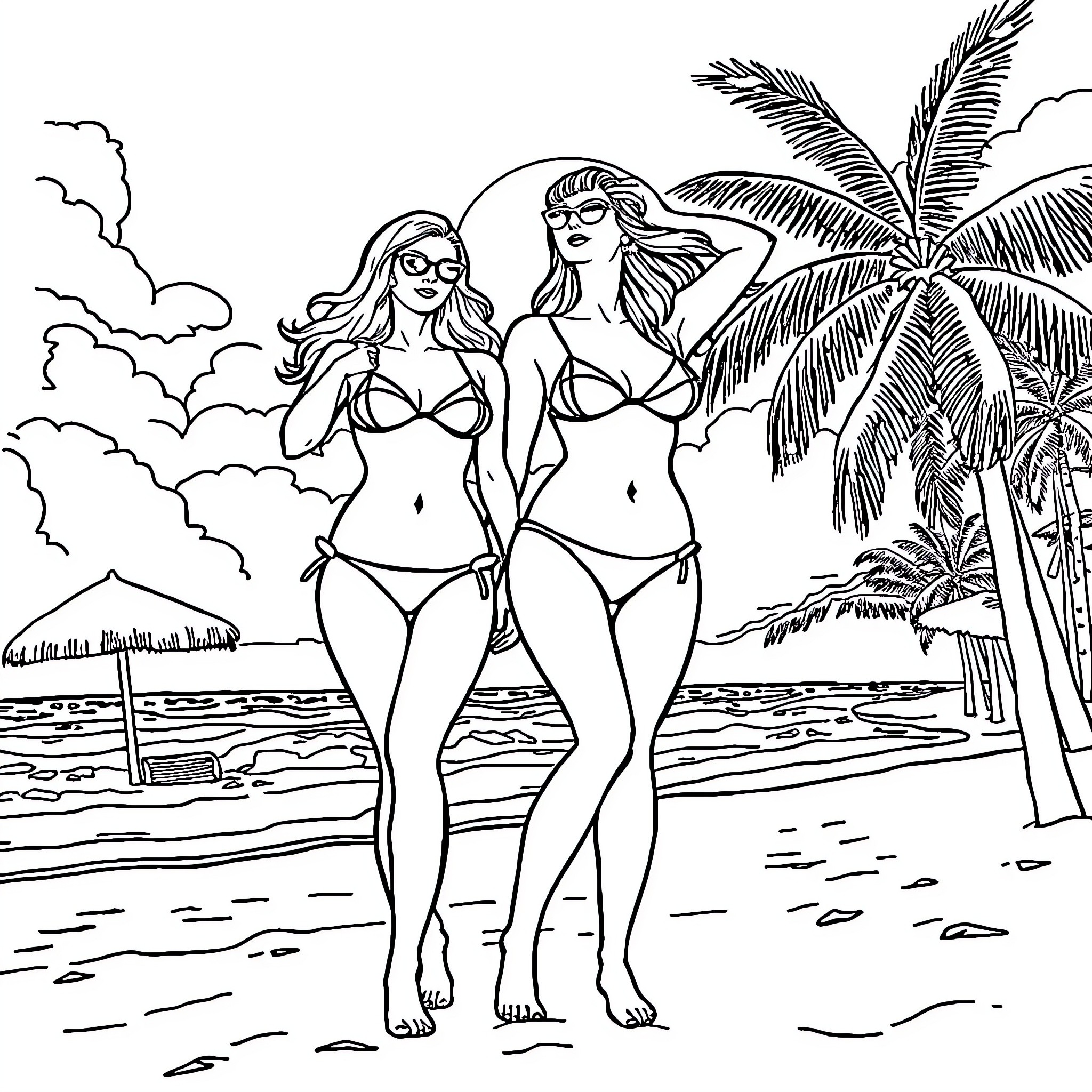 Women relaxing in beachwear on tropical shore Coloring Page (free black-and-white line drawing printable PDF for all, from beginners to advanced learners, including children, teens, adults, and seniors)