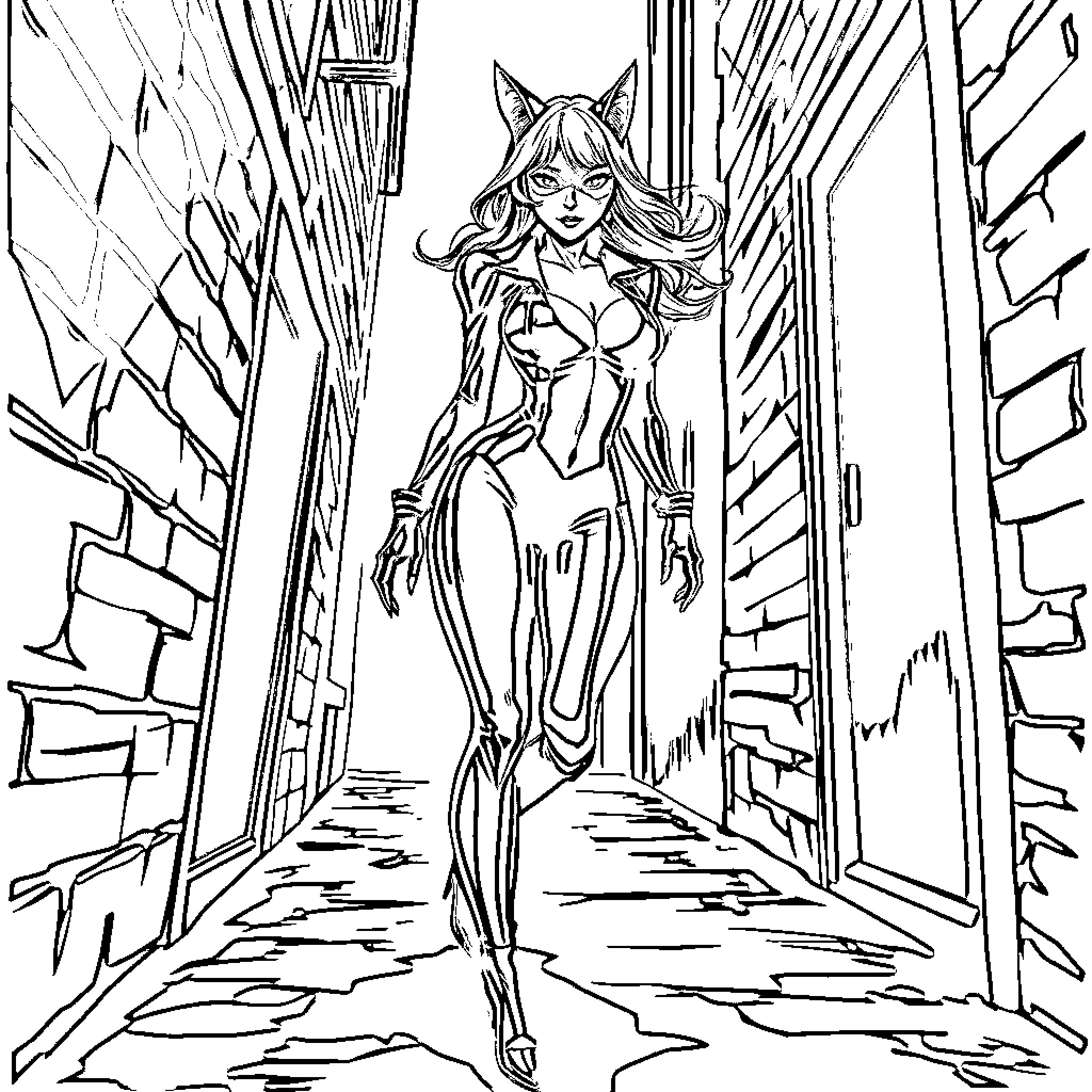 Cat Woman in Action Pose in Alley Coloring Page (free black-and-white line drawing printable PDF for all, from beginners to advanced learners, including children, teens, adults, and seniors)