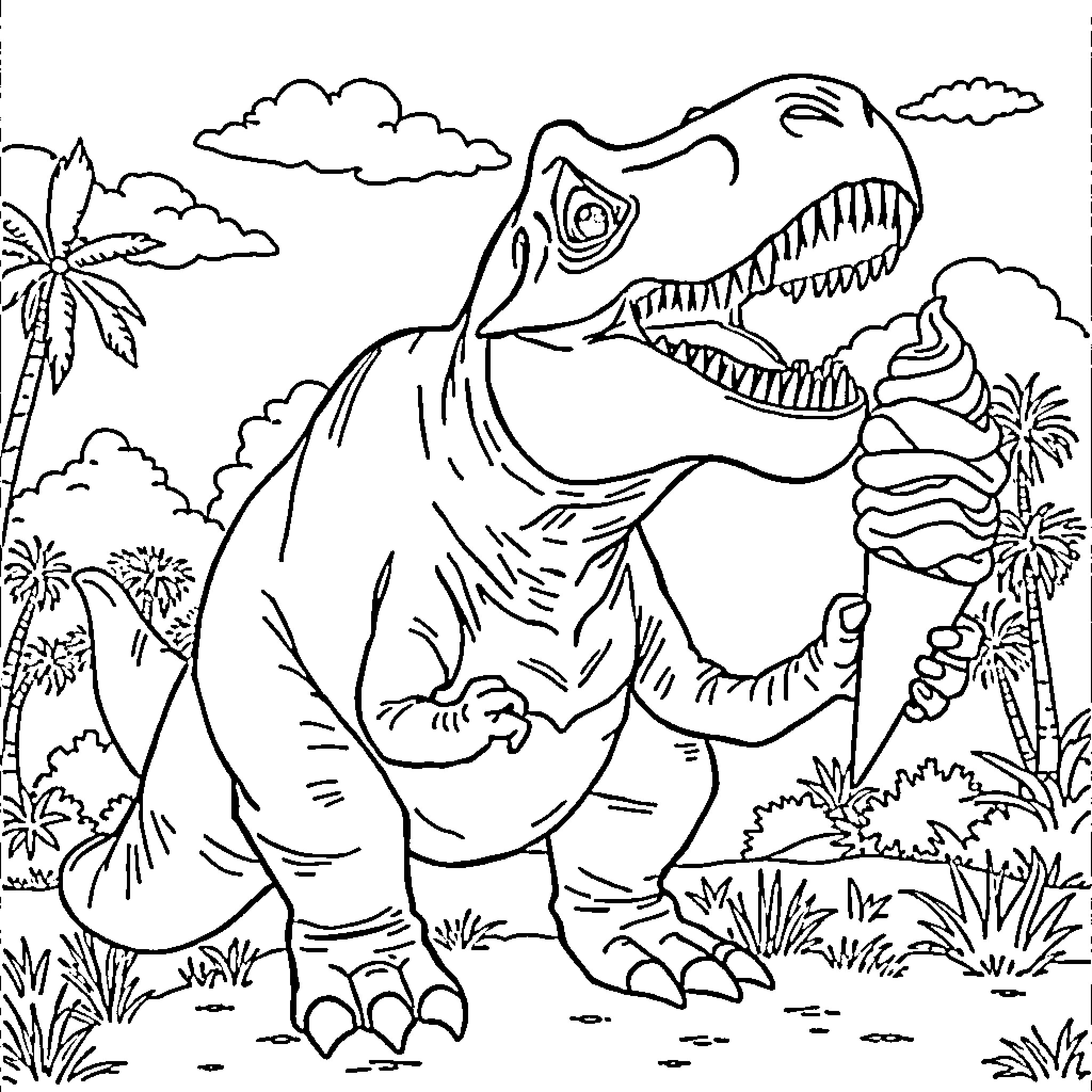 Tyrannosaurus enjoying an ice cream in the jungle Coloring Page (free black-and-white line drawing printable PDF for all, from beginners to advanced learners, including children, teens, adults, and seniors)