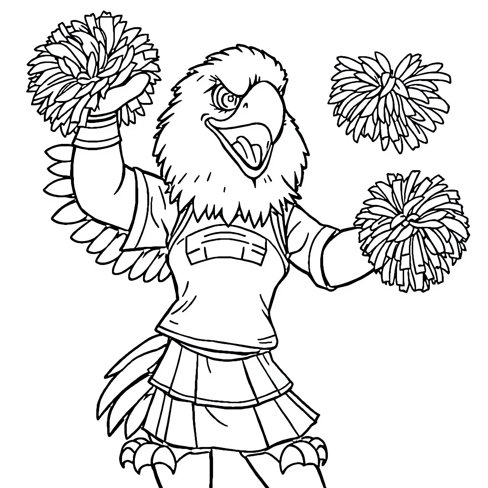 Eagle cheerleader performing with pompoms Coloring Page (free black-and-white line drawing printable PDF for all, from beginners to advanced learners, including children, teens, adults, and seniors)