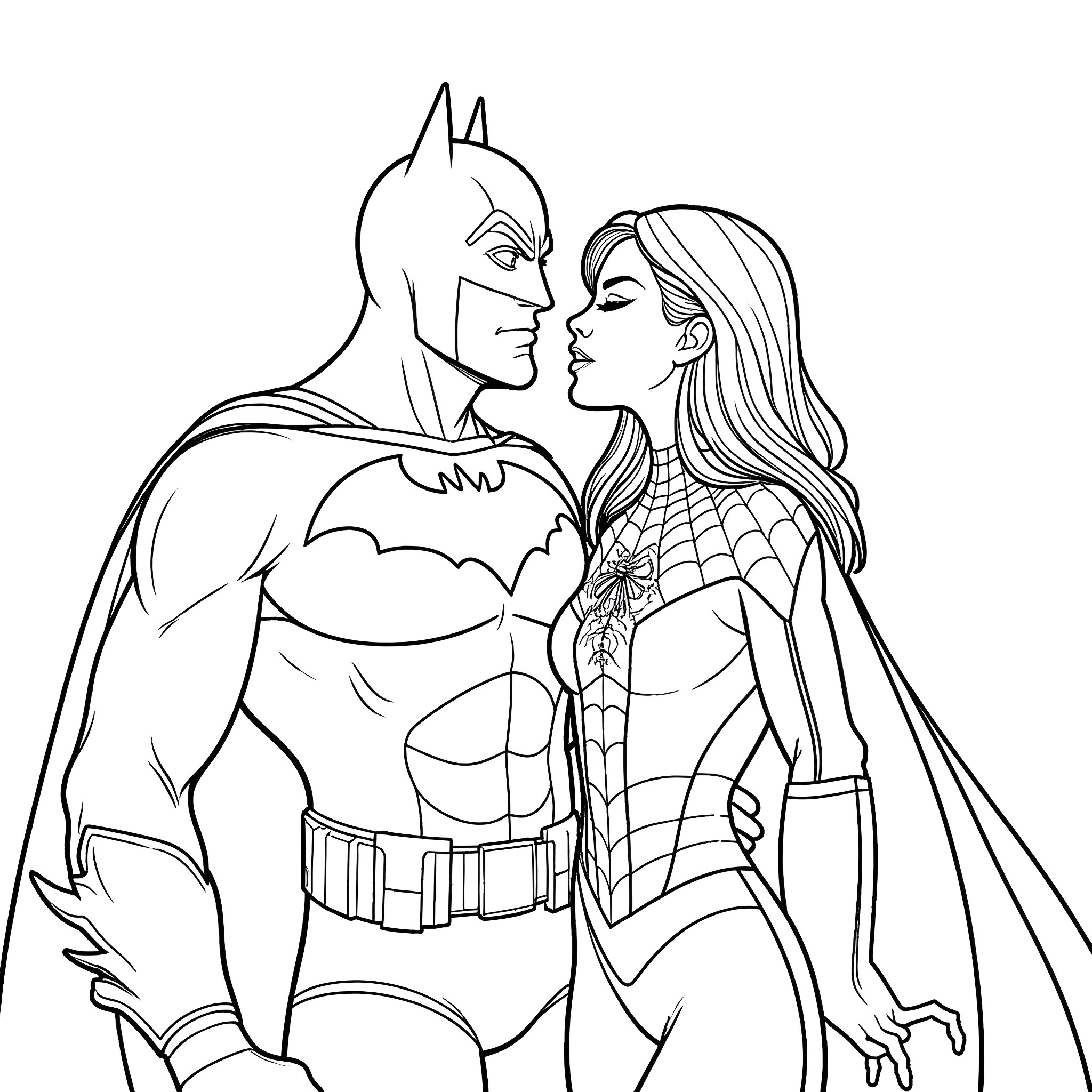 Batman and Superhero Woman in Loving Embrace Coloring Page (free black-and-white line drawing printable PDF for all, from beginners to advanced learners, including children, teens, adults, and seniors)