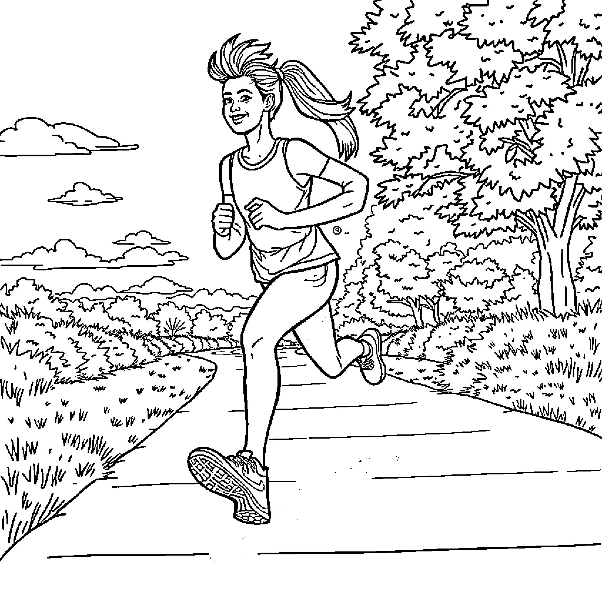 Nike Woman Running Outdoors in Nature Coloring Page (free black-and-white line drawing printable PDF for all, from beginners to advanced learners, including children, teens, adults, and seniors)