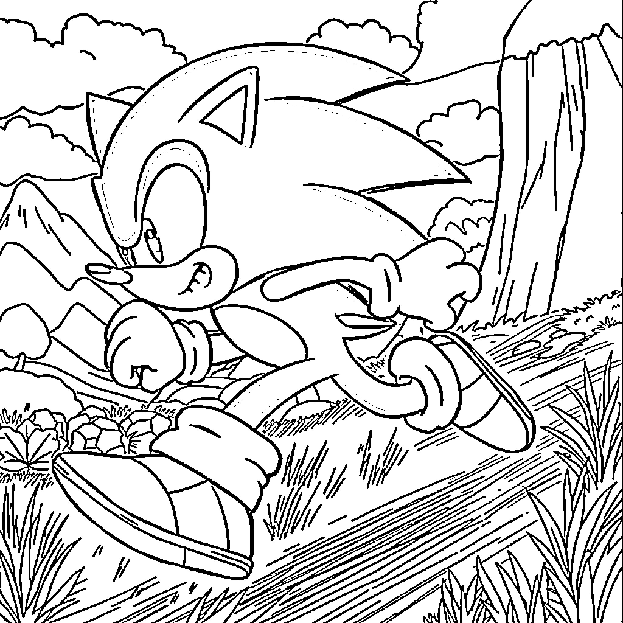 Sonic rushing through the wild landscape Coloring Page (free black-and-white line drawing printable PDF for all, from beginners to advanced learners, including children, teens, adults, and seniors)