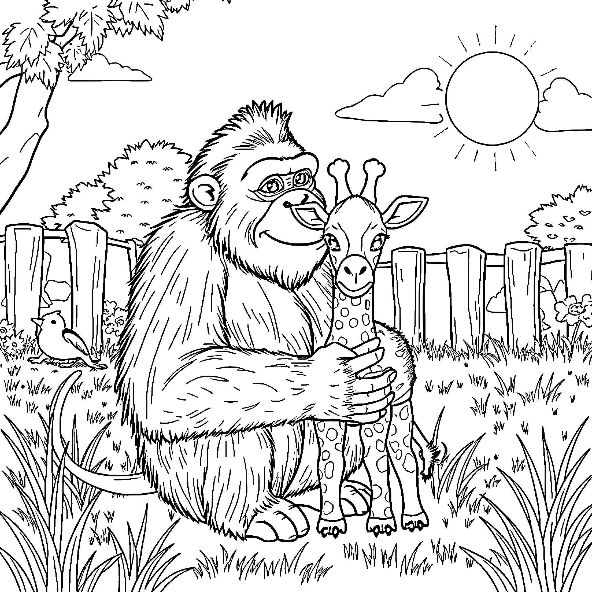 Orangutan playfully interacting with a giraffe in a nature scene Coloring Page (free black-and-white line drawing printable PDF for all, from beginners to advanced learners, including children, teens, adults, and seniors)