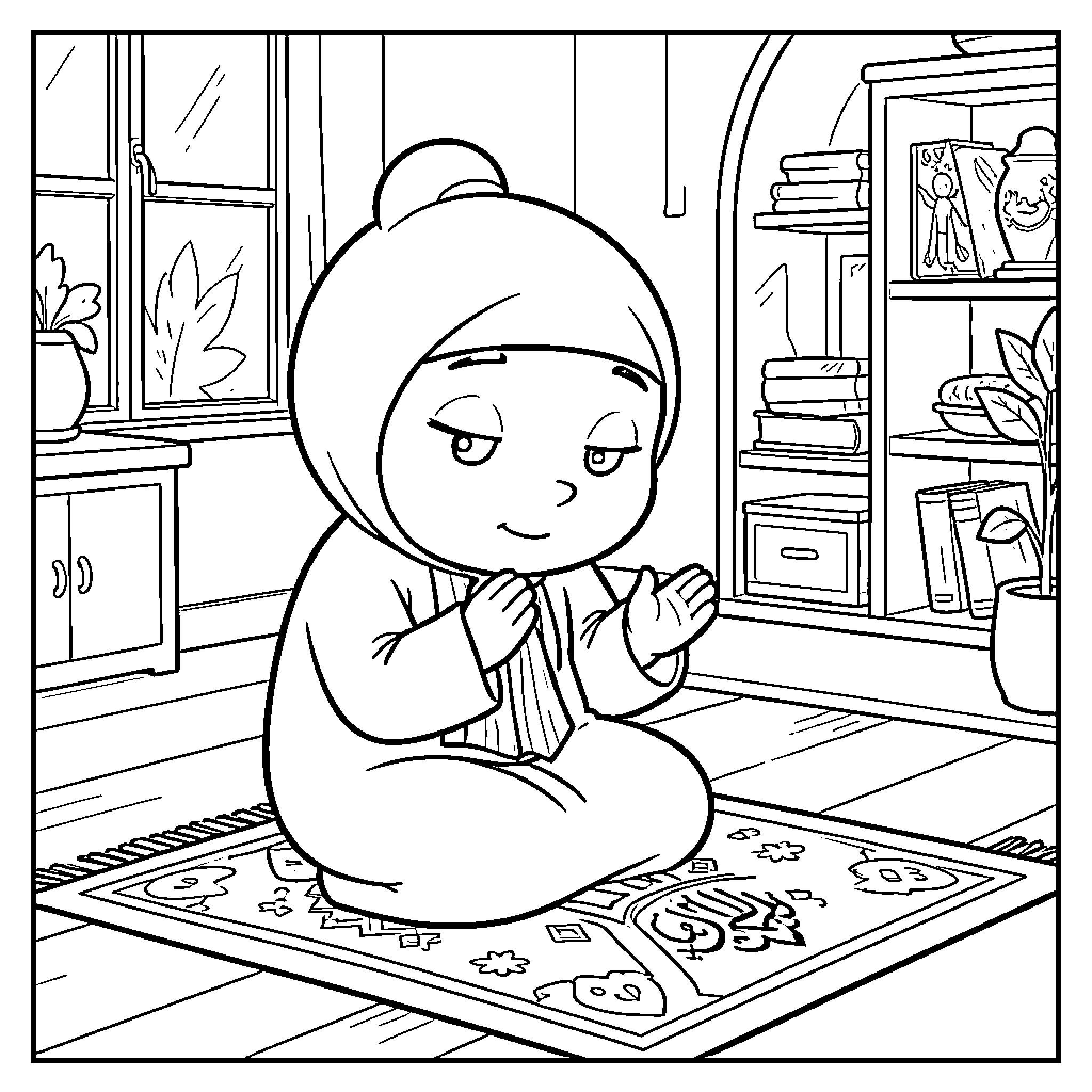 Tchoupi sitting on a prayer mat with hands raised Coloring Page (free black-and-white line drawing printable PDF for all, from beginners to advanced learners, including children, teens, adults, and seniors)