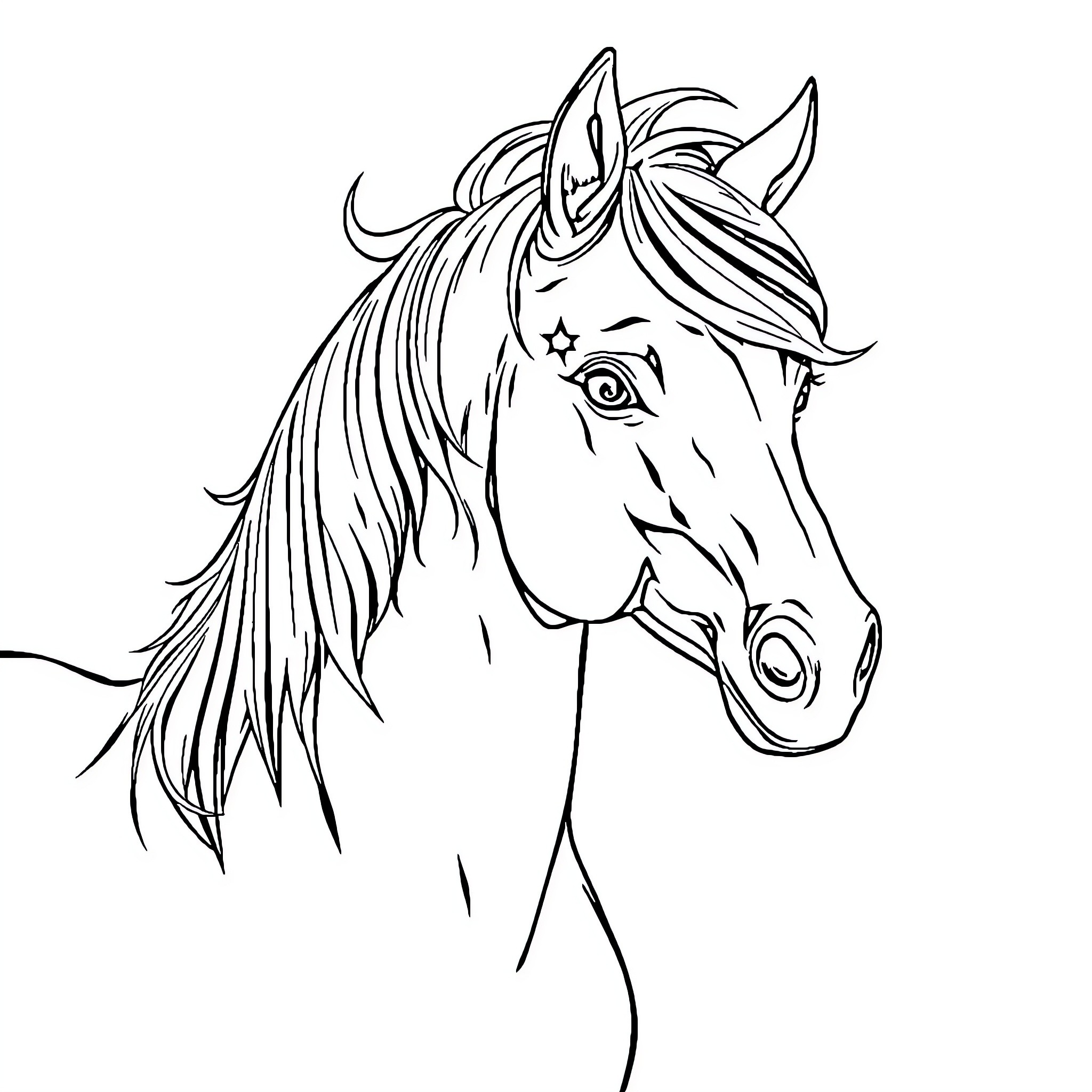 Horse with Flowing Mane and Expressive Eyes Coloring Page (free black-and-white line drawing printable PDF for all, from beginners to advanced learners, including children, teens, adults, and seniors)