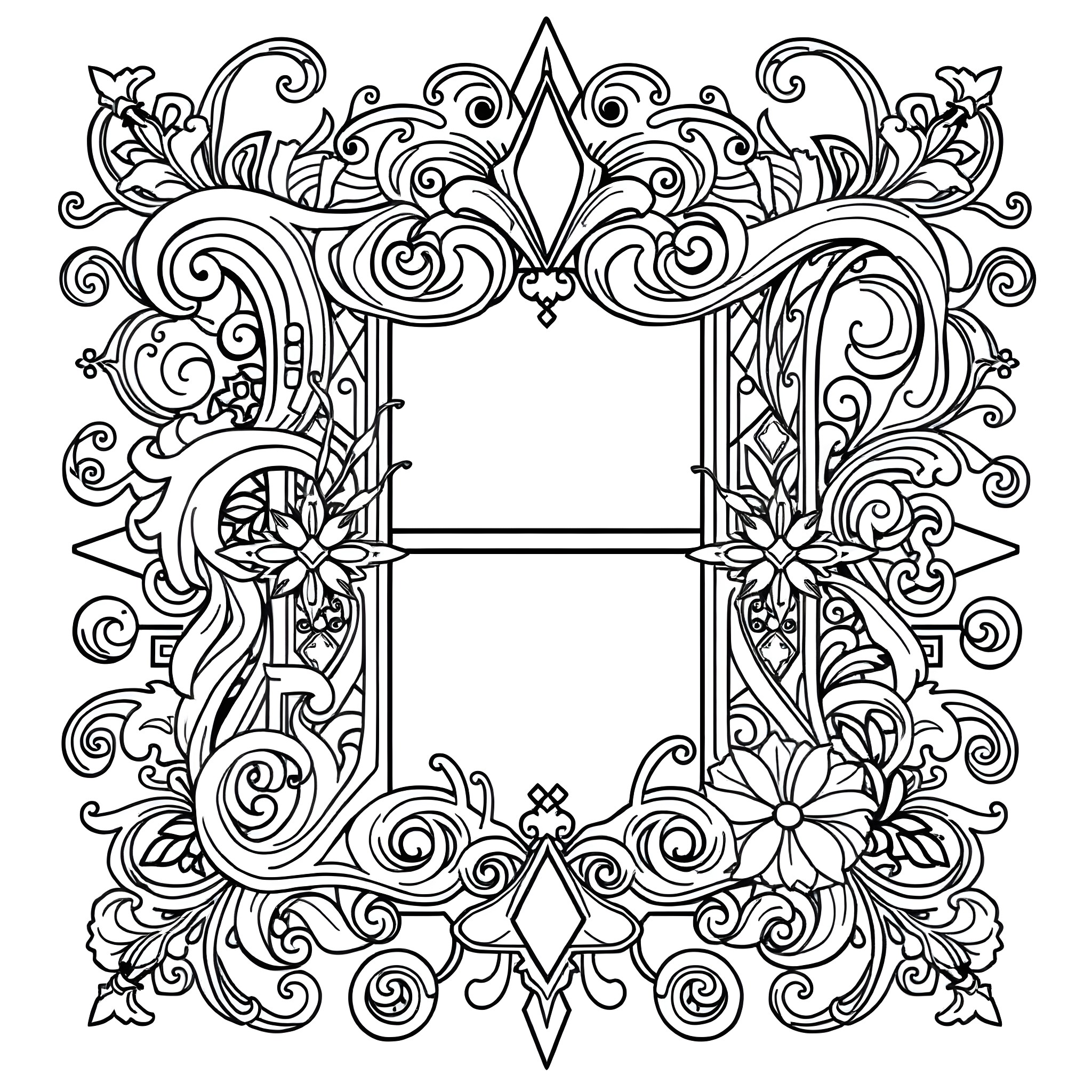Harmonious Decorative Frame with Floral Flourishes Coloring Page (free black-and-white line drawing printable PDF for all, from beginners to advanced learners, including children, teens, adults, and seniors)