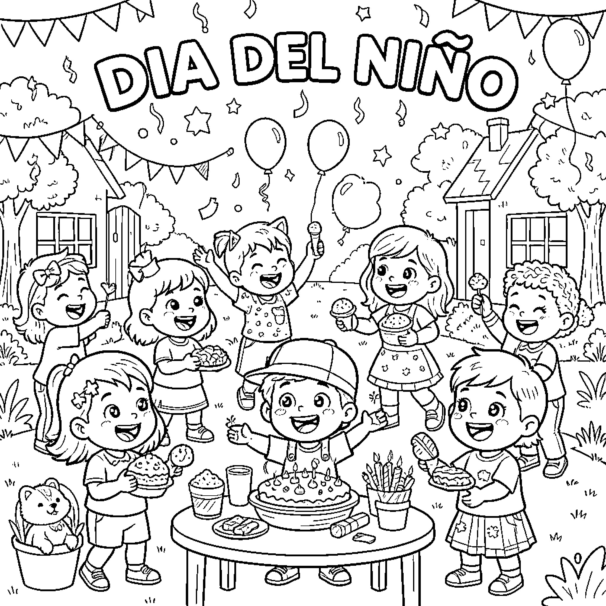 Children celebrating Dia del Nino with party decorations Coloring Page (free black-and-white line drawing printable PDF for all, from beginners to advanced learners, including children, teens, adults, and seniors)