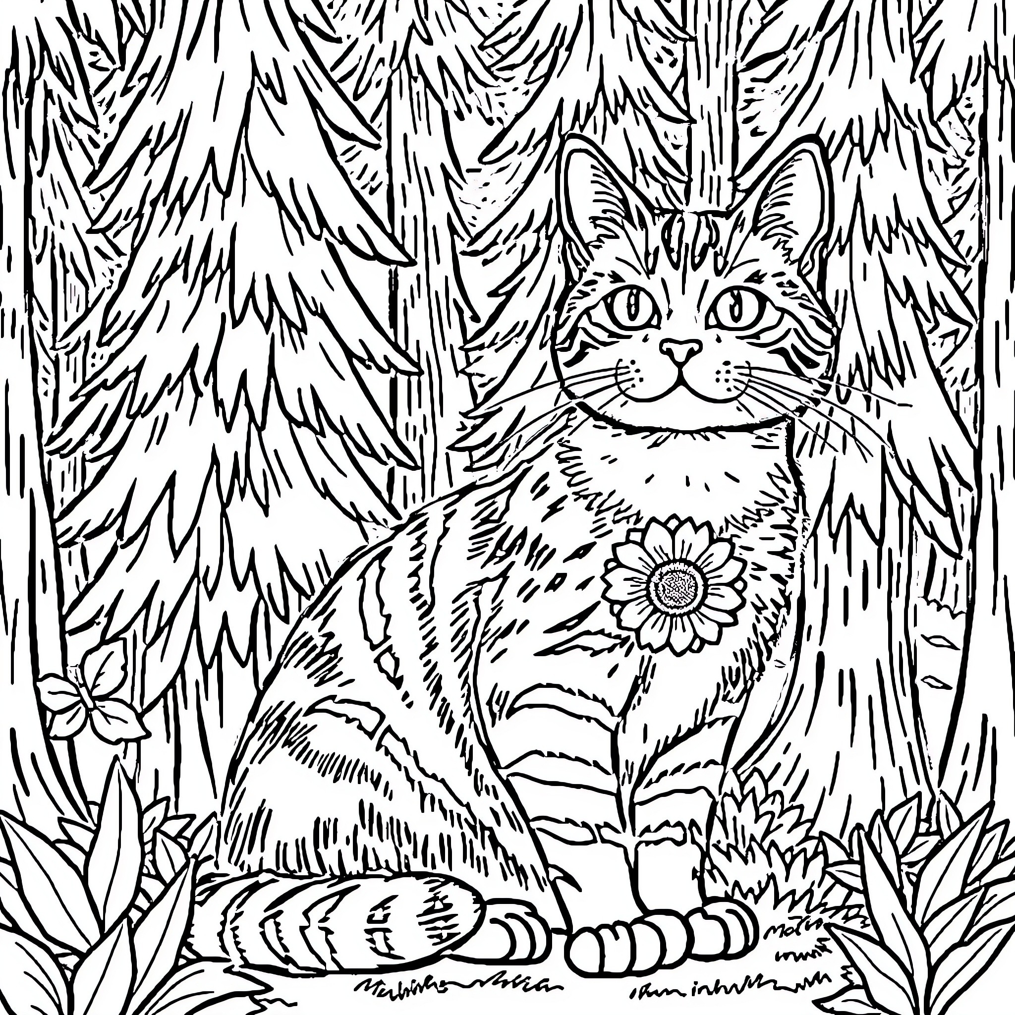 Tabby Cat surrounded by flowers in the forest Coloring Page (free black-and-white line drawing printable PDF for all, from beginners to advanced learners, including children, teens, adults, and seniors)